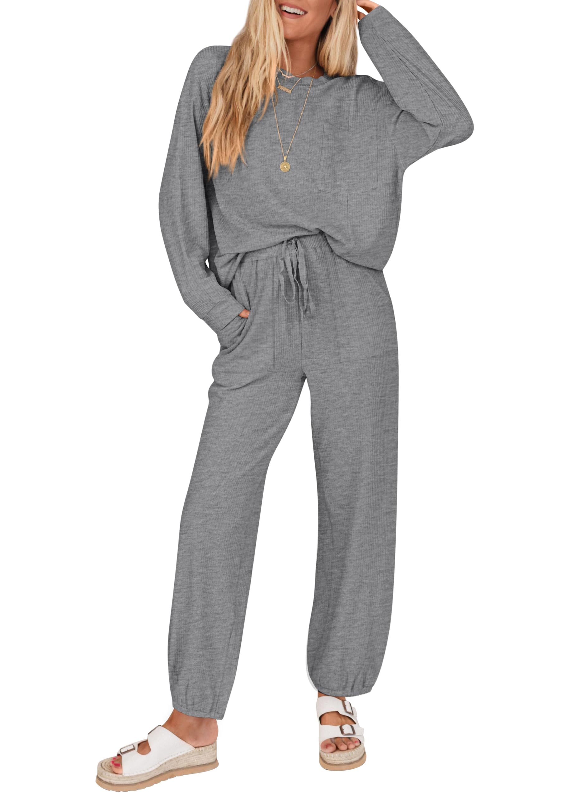 KIRUNDO Lounge Sets for Women 2026 Spring Airport Travel Outfits Ribbed Knit Tops Jogger Pants Tracksuit Postpartum Comfy Set