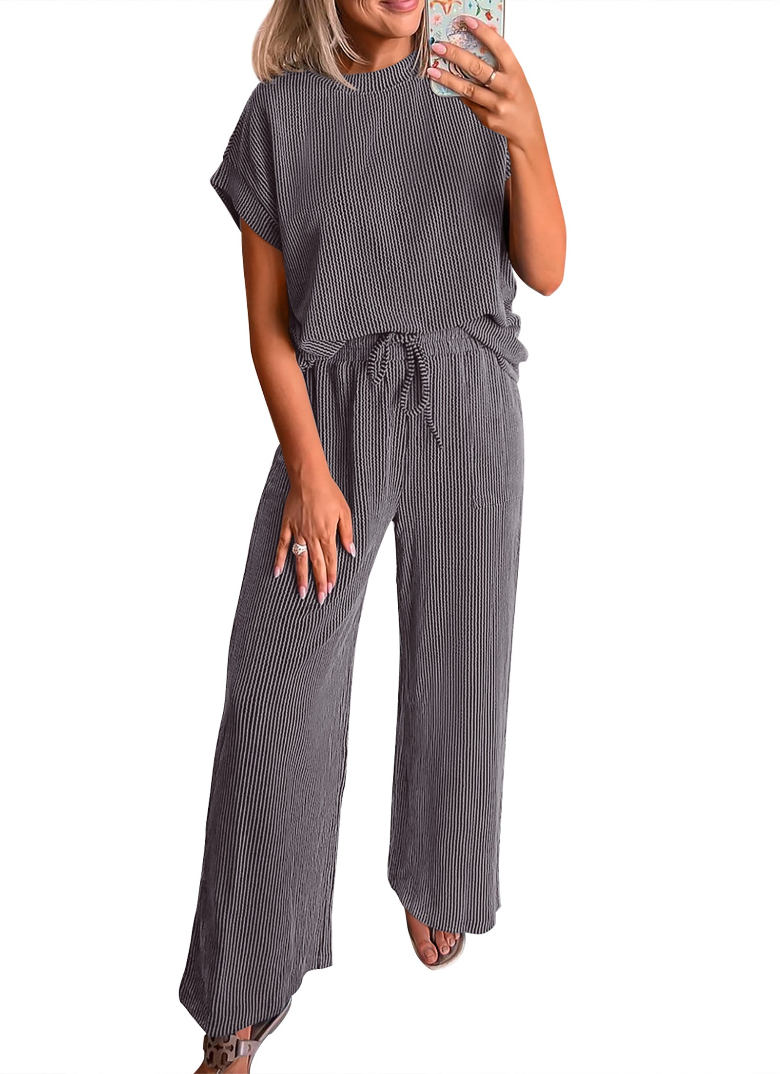 KIRUNDO 2 Piece Sets for Women Dressy Casual Ribbed Knit Short Sleeve Tops Wide Leg Pants Lounge Set Travel Airport Outfits