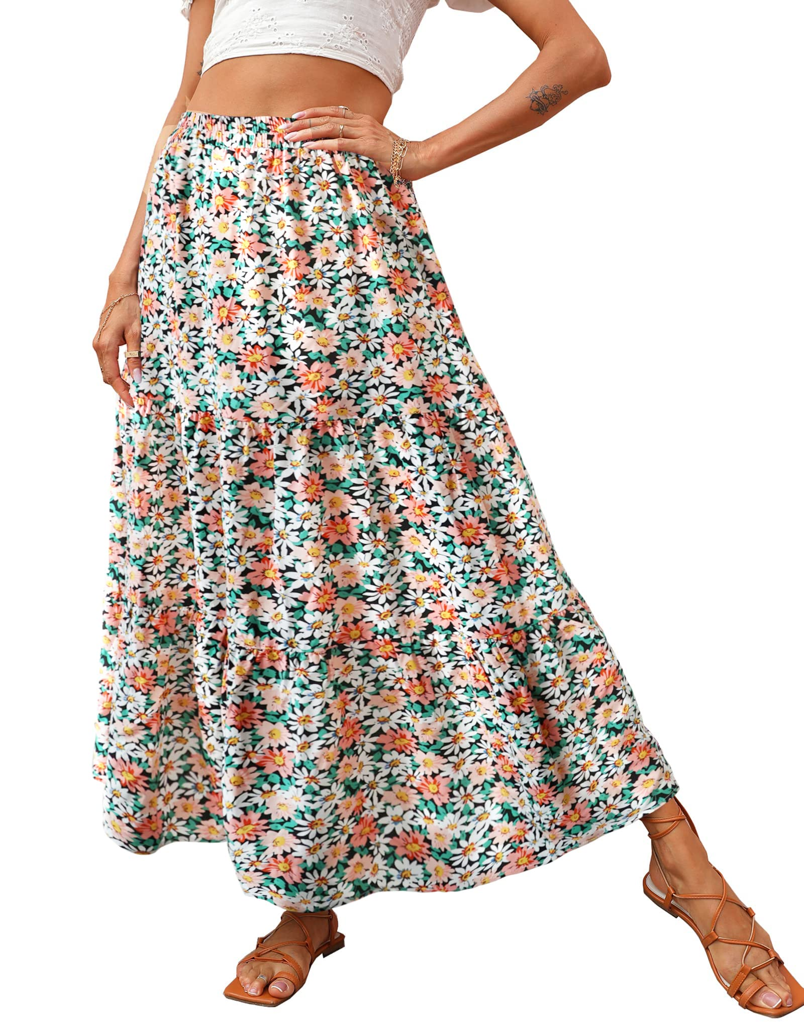 KIRUNDO Women 2026 Spring Summer High Waist Boho Floral Maxi Skirt Trendy Casual Flowy Swing Pleated A Line Beach Long Skirts
