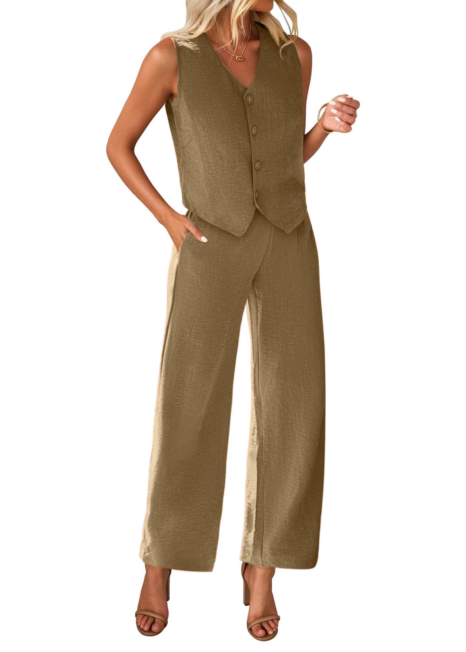 KIRUNDO Womens Two Piece Outfits Summer Fashion Button V Neck Crop Vest Blazer and Wide Leg Pants Suit Matching Sets