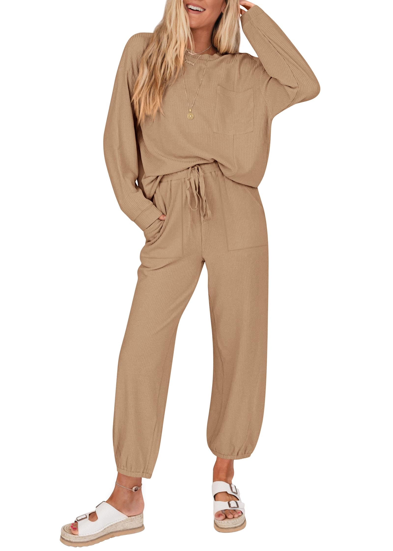 KIRUNDO Lounge Sets for Women 2026 Spring Airport Travel Outfits Ribbed Knit Tops Jogger Pants Tracksuit Postpartum Comfy Set