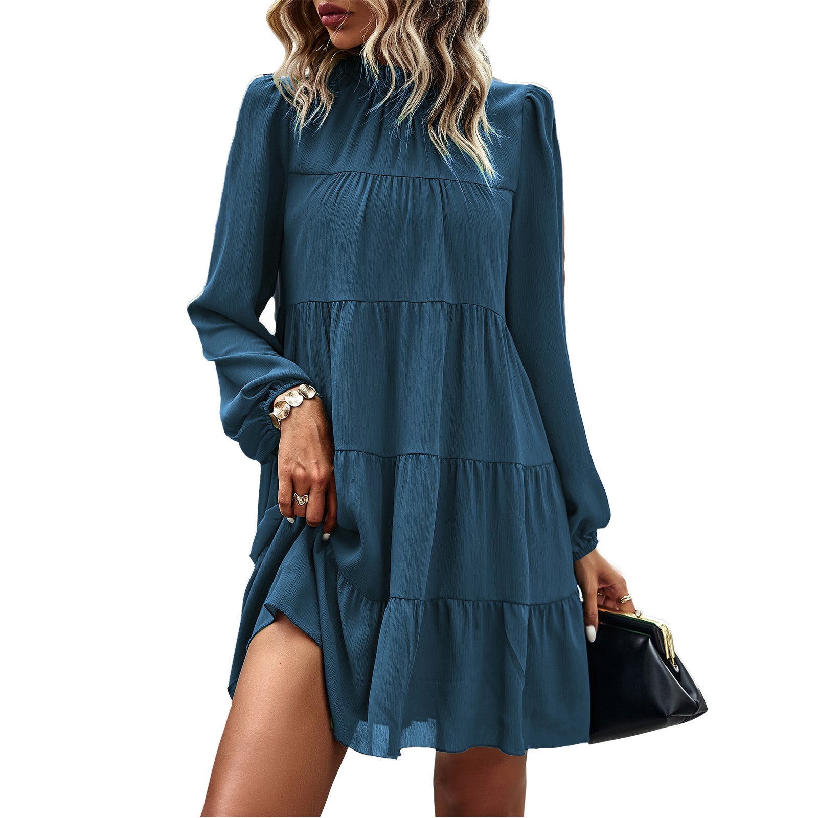 KIRUNDO Long Sleeve Baby Doll Dresses Women 2026 Casual Spring Summer Ruffle Mock Neck Tiered Mini Flowy Swing Shift Dress