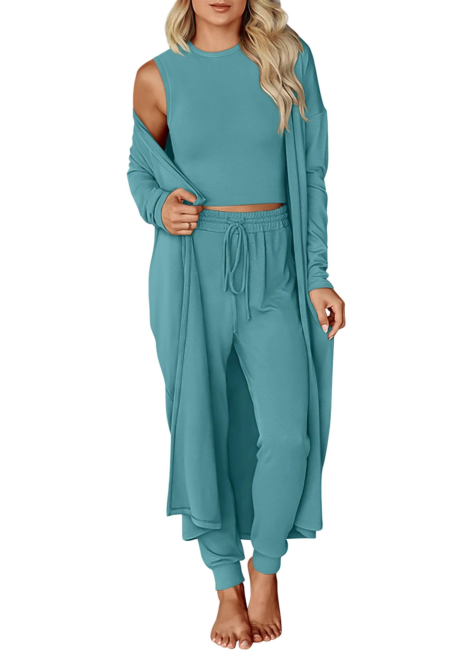 KIRUNDO 3 Piece Lounge Sets for Women Airport Travel Vacation Outfits Spring Cardigan Matching Sleeveless Top Jogger Pants