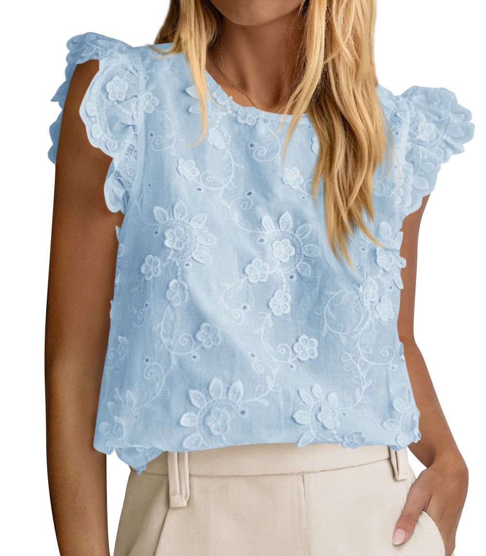 KIRUNDO Summer Tops For Women 2026 Ruffle Cap Sleeve Lace Embroidered Floral Boho Shirts Dressy Casual Blouses Cruise Outfits