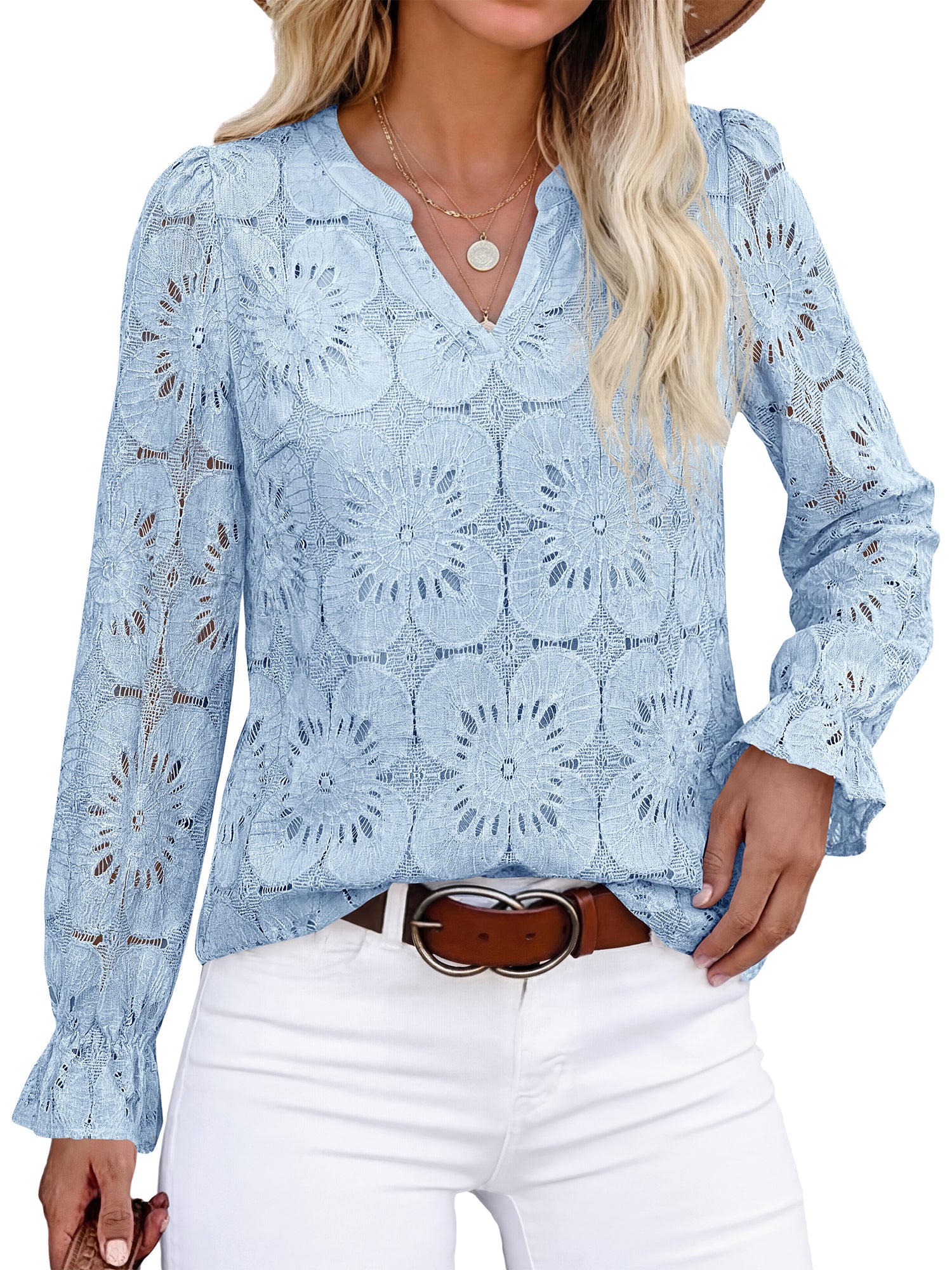 KIRUNDO Lace Tops for Women Dressy Eyelet Long Sleeve Blouses