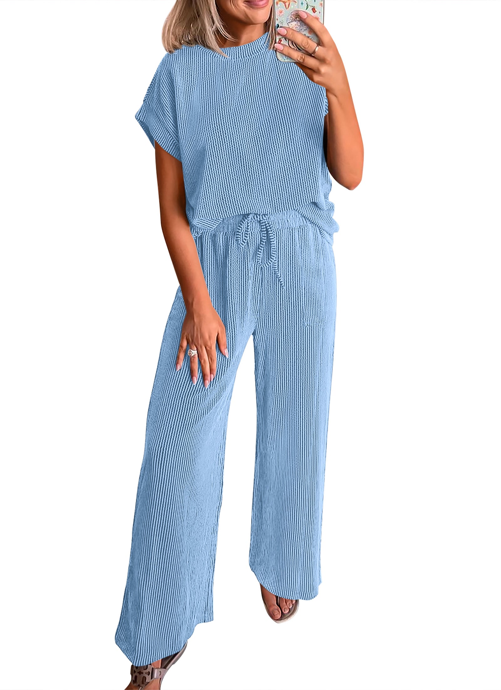 KIRUNDO 2 Piece Sets for Women Dressy Casual Ribbed Knit Short Sleeve Tops Wide Leg Pants Lounge Set Travel Airport Outfits