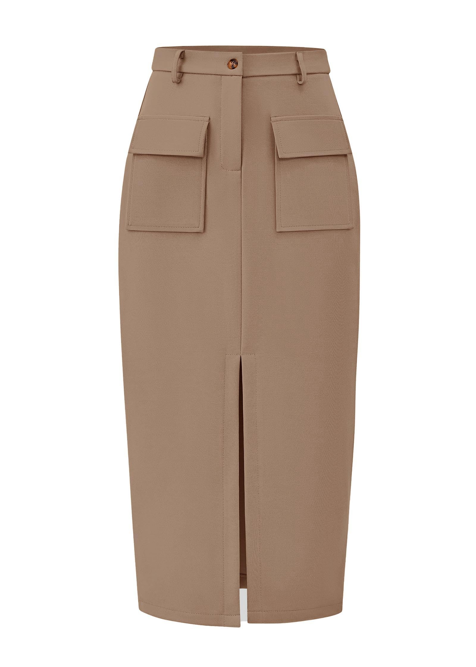 KIRUNDO Midi Skirts for Women Spring Summer High Waisted Cargo Trendy Pencil Slit Dressy Casual Business Work Long Skirt
