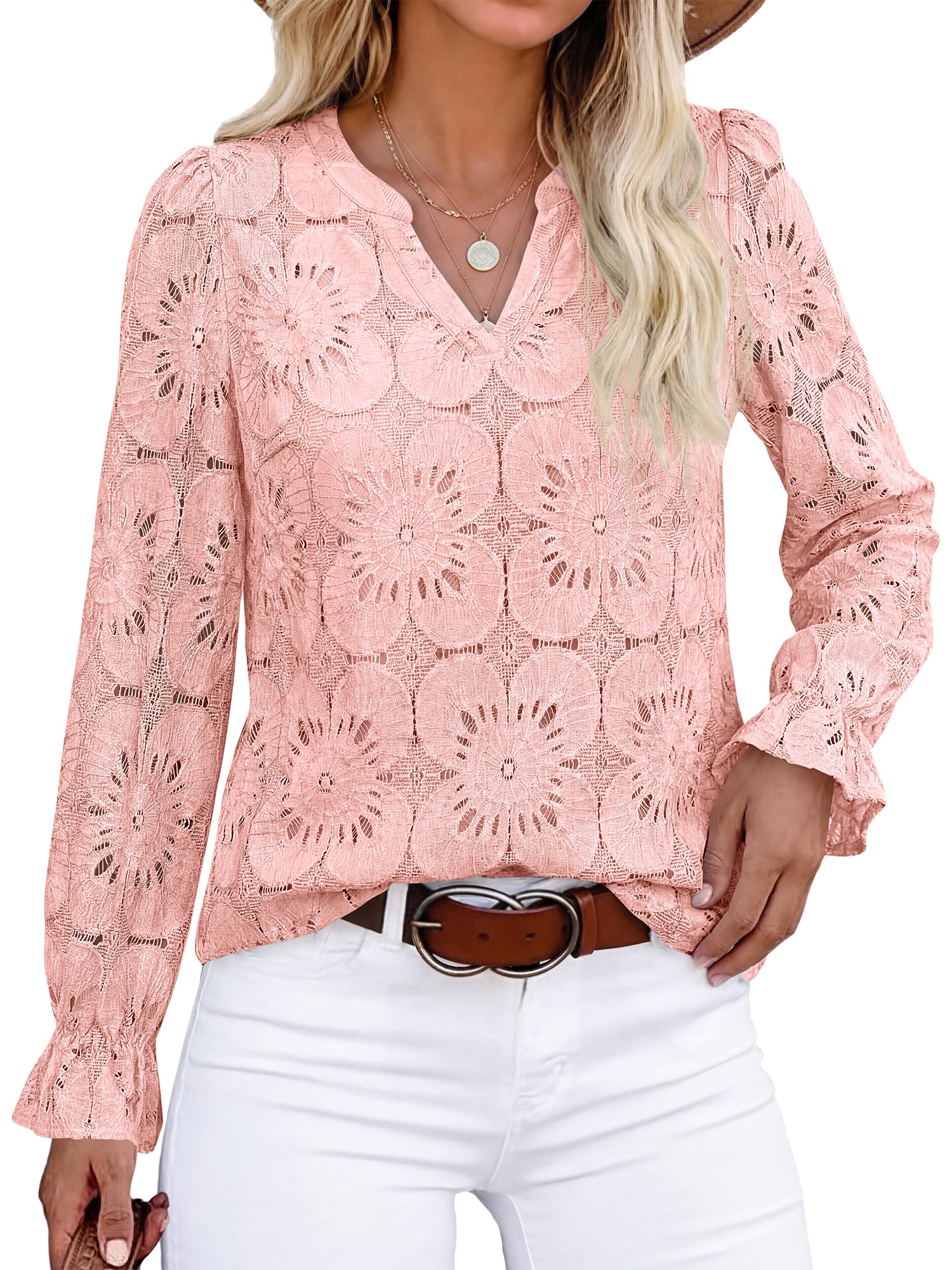 KIRUNDO Lace Tops for Women Dressy Eyelet Long Sleeve Blouses