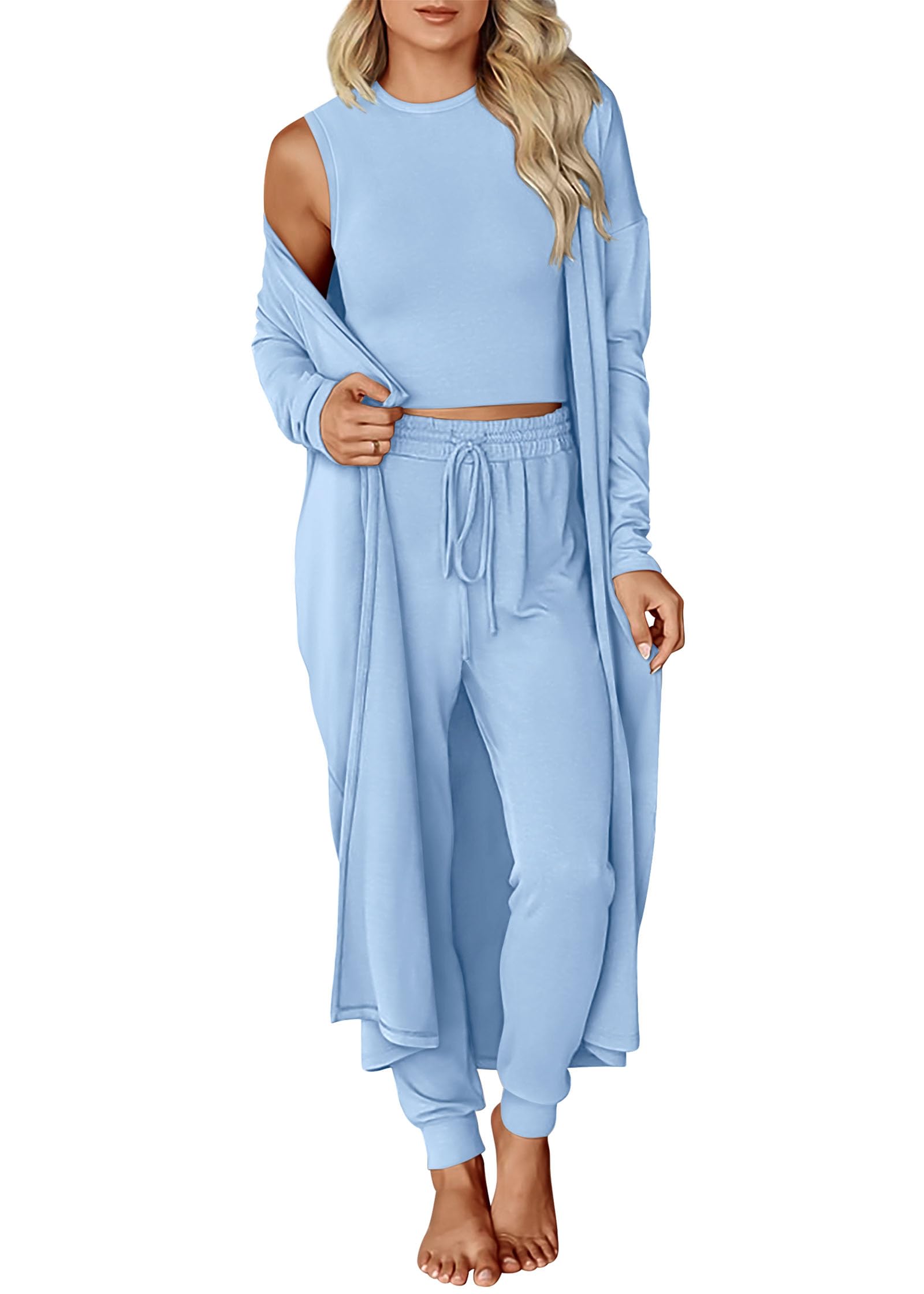 KIRUNDO 3 Piece Lounge Sets for Women Airport Travel Vacation Outfits Spring Cardigan Matching Sleeveless Top Jogger Pants