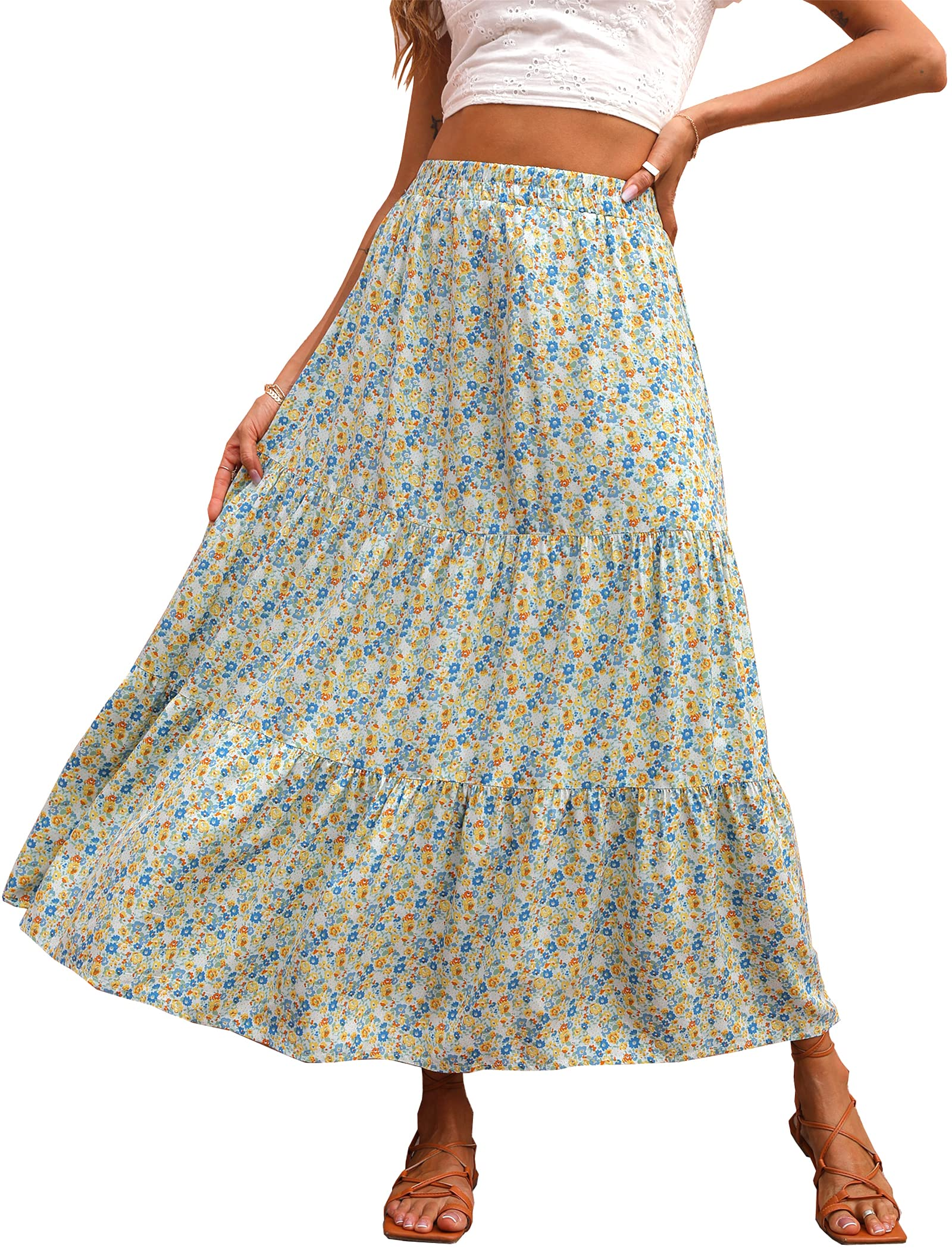 KIRUNDO Women 2026 Spring Summer High Waist Boho Floral Maxi Skirt Trendy Casual Flowy Swing Pleated A Line Beach Long Skirts