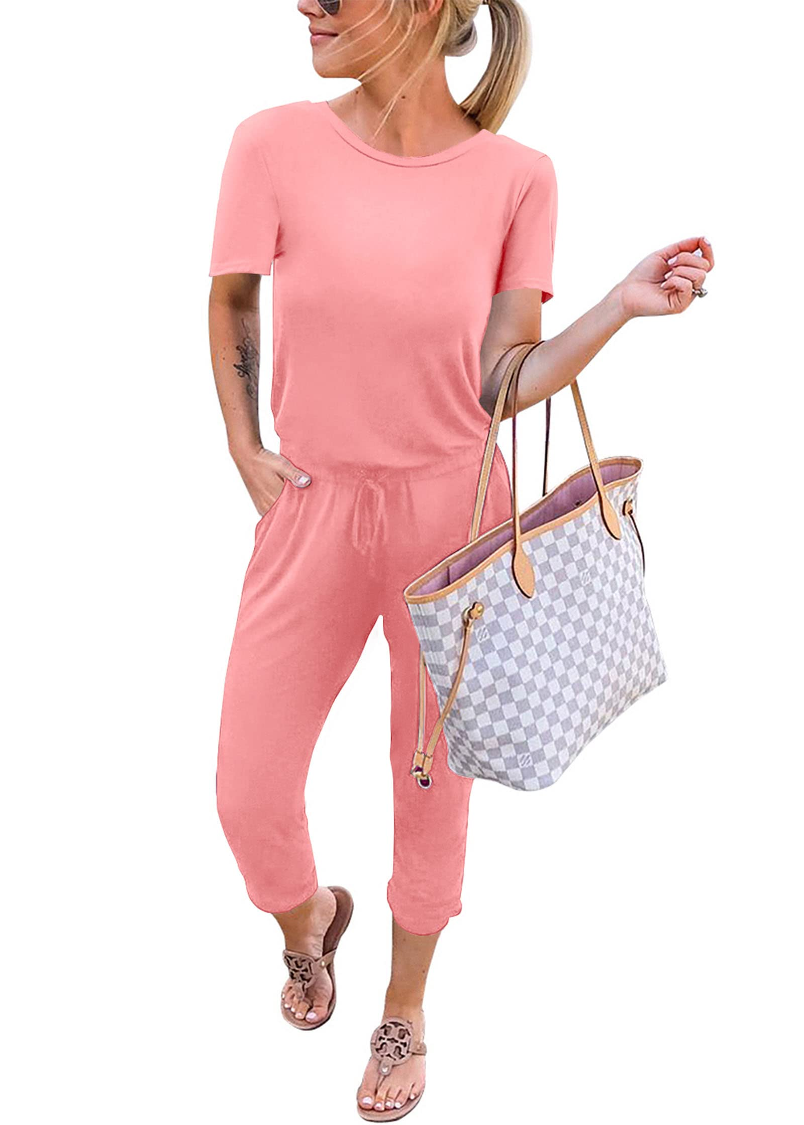 KIRUNDO Jumpsuits for Women Summer 2026 Casual Short Sleeve One Piece Outfits Drawstring Waist Long Pants Romper Jumpers