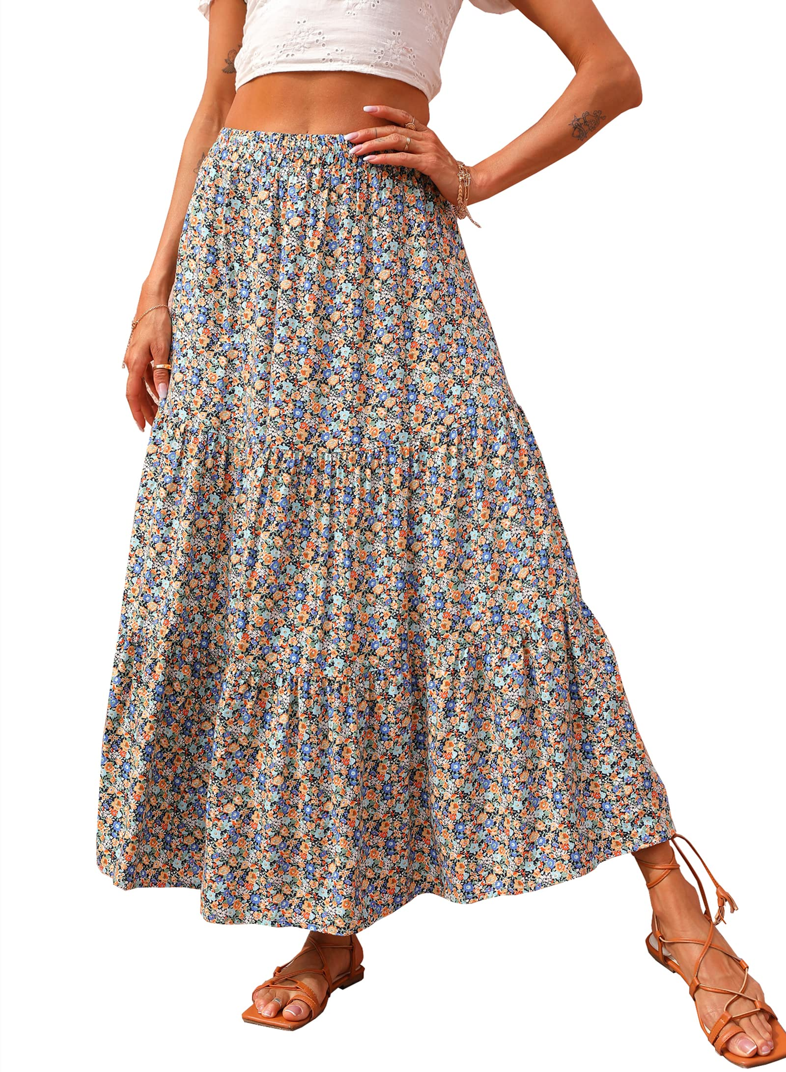 KIRUNDO Women 2026 Spring Summer High Waist Boho Floral Maxi Skirt Trendy Casual Flowy Swing Pleated A Line Beach Long Skirts