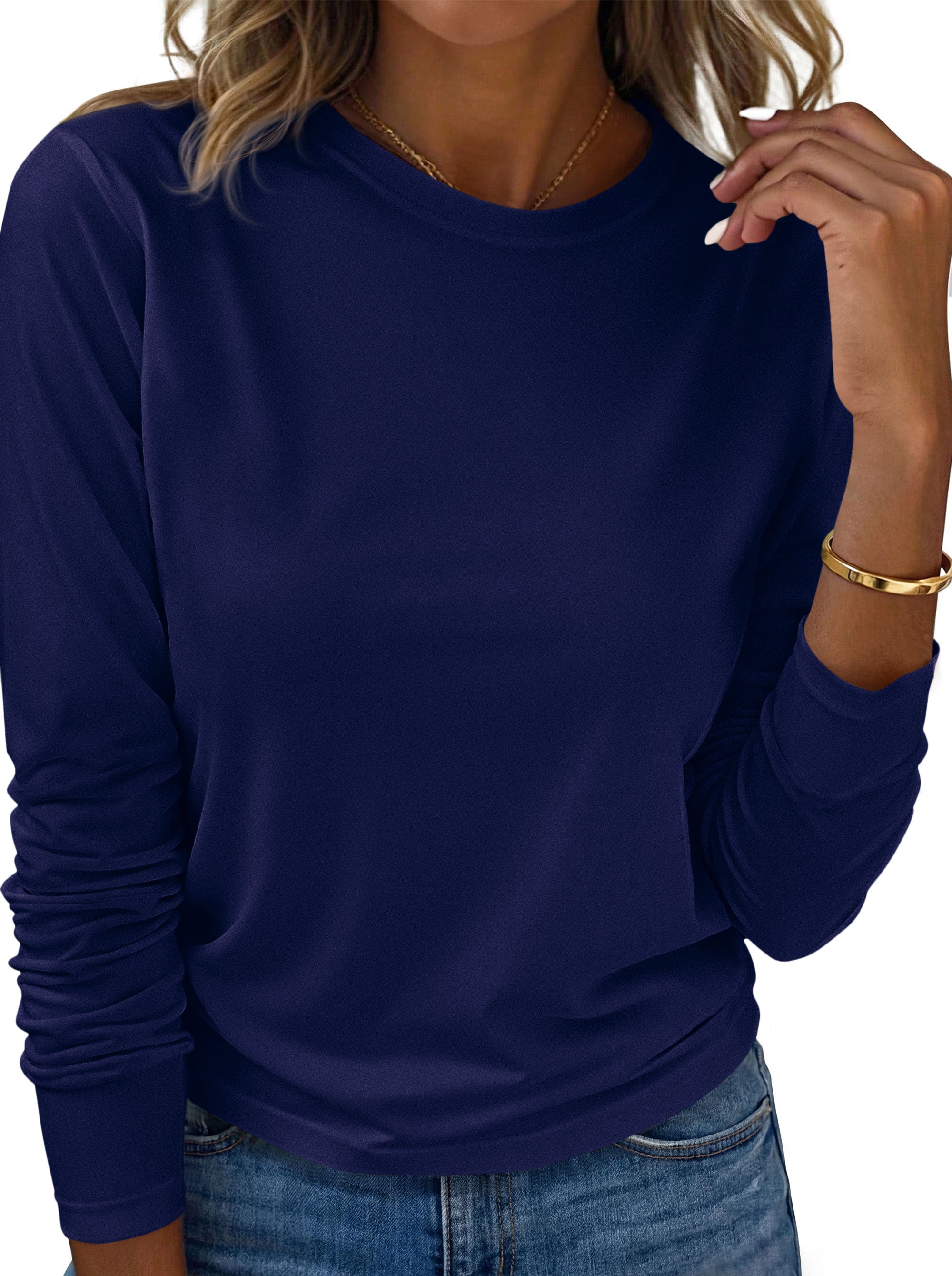 KIRUNDO Womens Long Sleeve Shirts Fall Fashion 2026 Crewneck Casual T Shirt Soft Knit Basic Tee Workout Going Out Tops