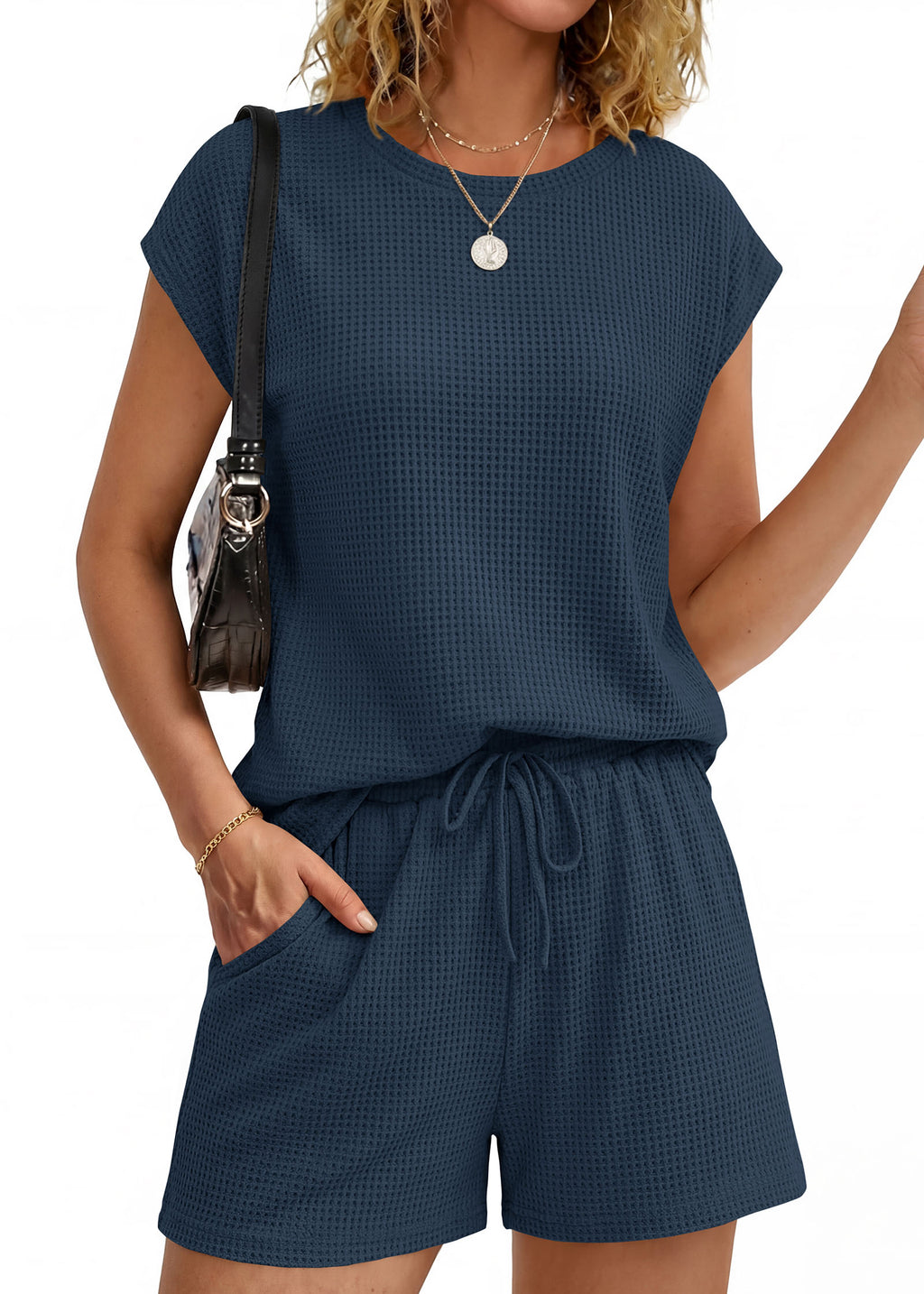 KIRUNDO 2 Piece Sets For Women 2026 Summer Waffle Knit Cap Sleeve Lounge Set Casual Travel Vacation Outfits With Shorts