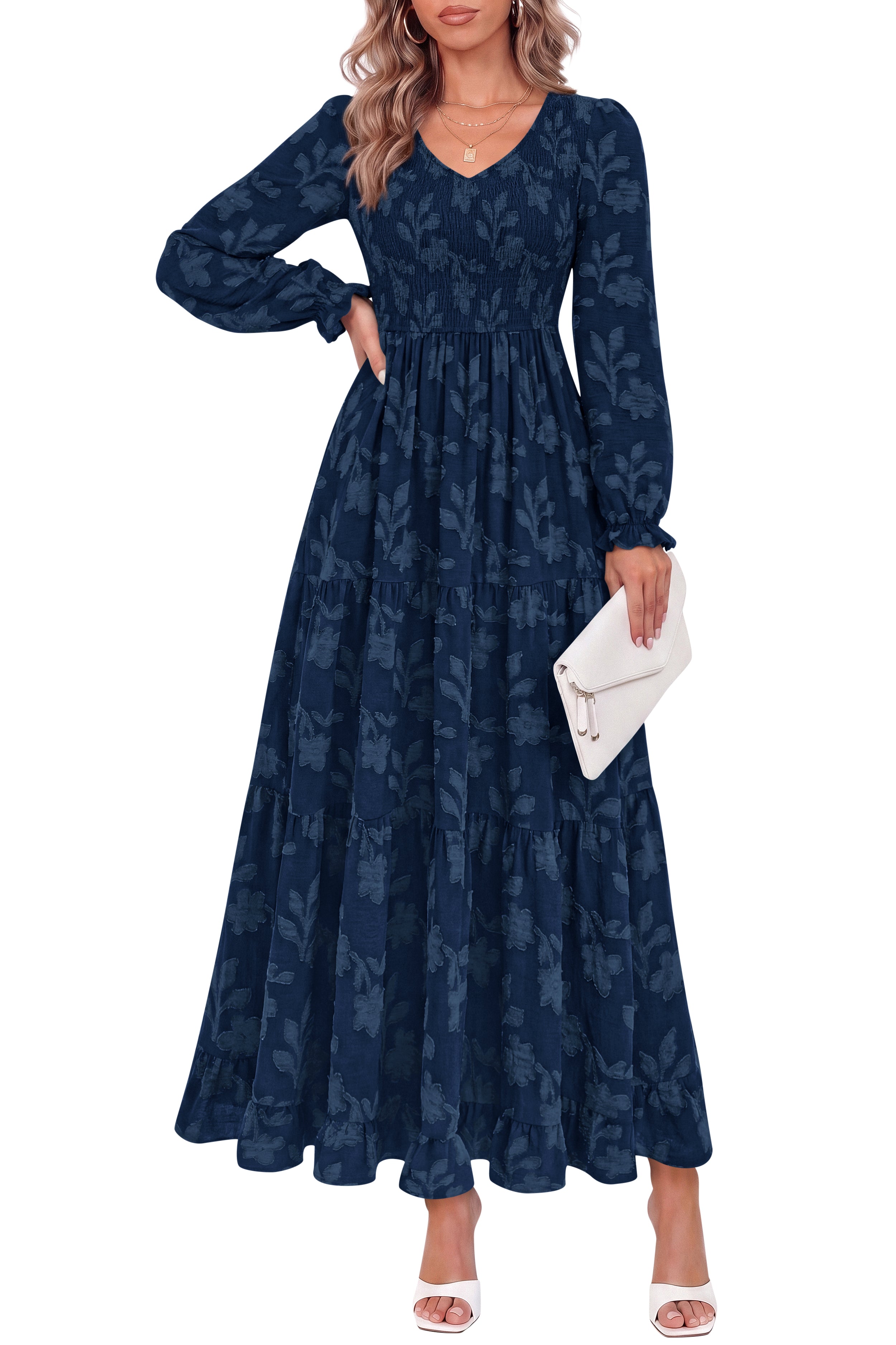 KIRUNDO Fall Dresses For Women 2026 Long Sleeve V Neck Floral Boho Flowy Smocked Casual Wedding Guest Maxi Dress With Pockets