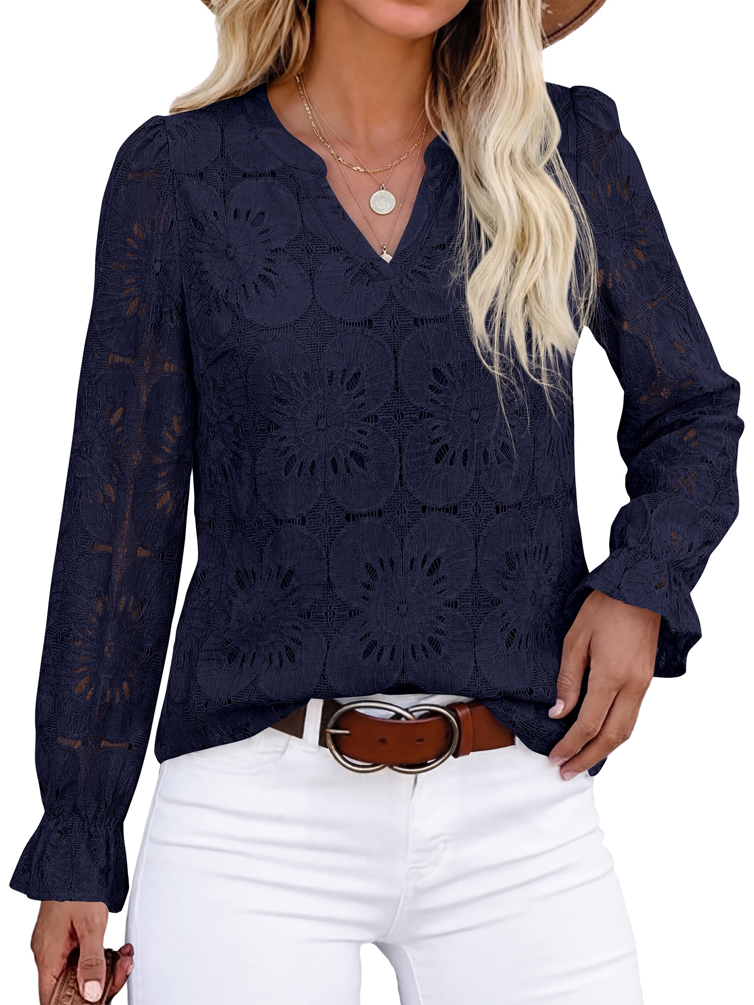KIRUNDO Lace Tops for Women Dressy Eyelet Long Sleeve Blouses