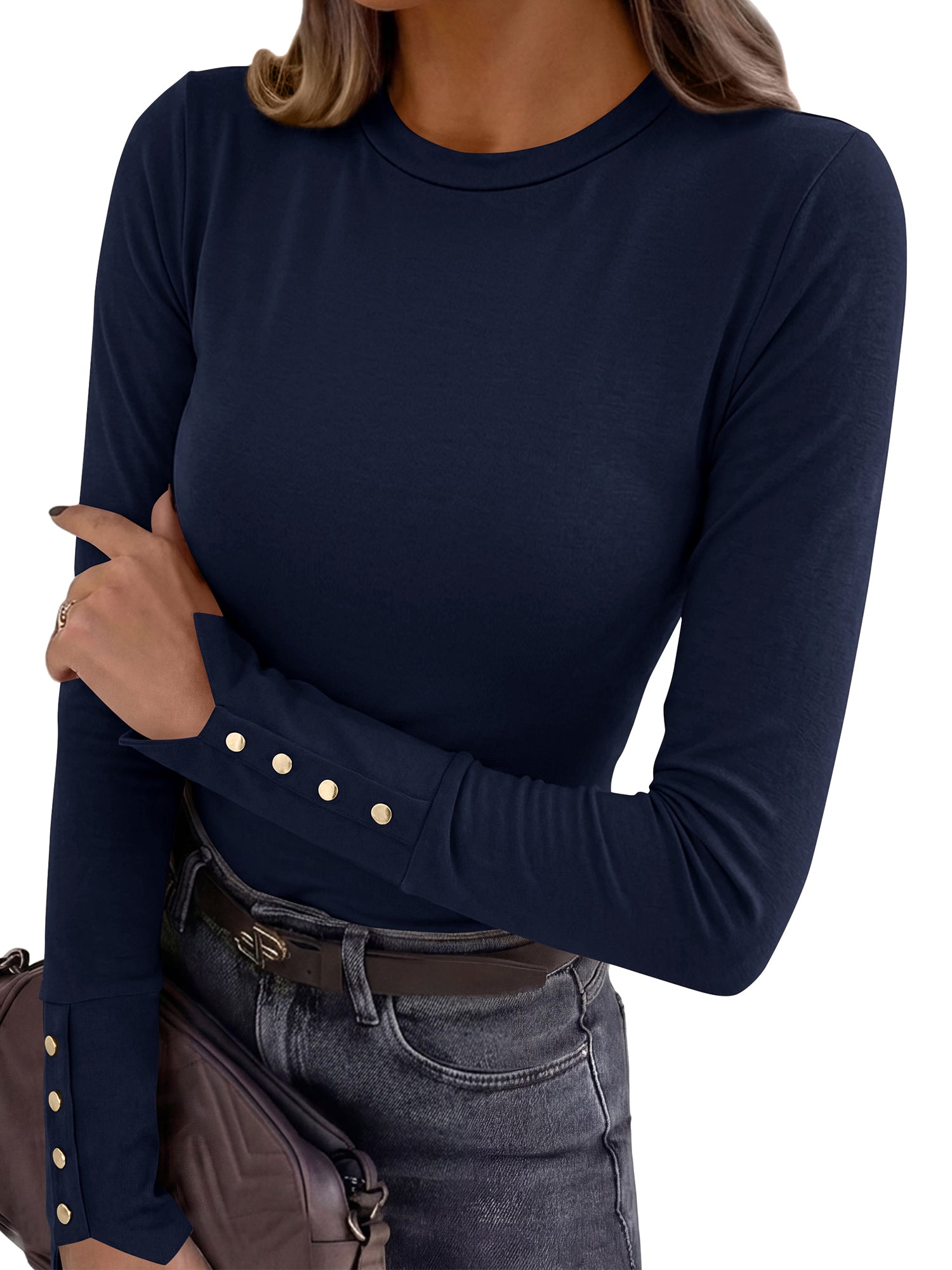 KIRUNDO Long Sleeve Shirts for Women Crew Neck Button Cuffs Business Casual Tops Slim Fitted Basic Knit Tee Fall Clothes