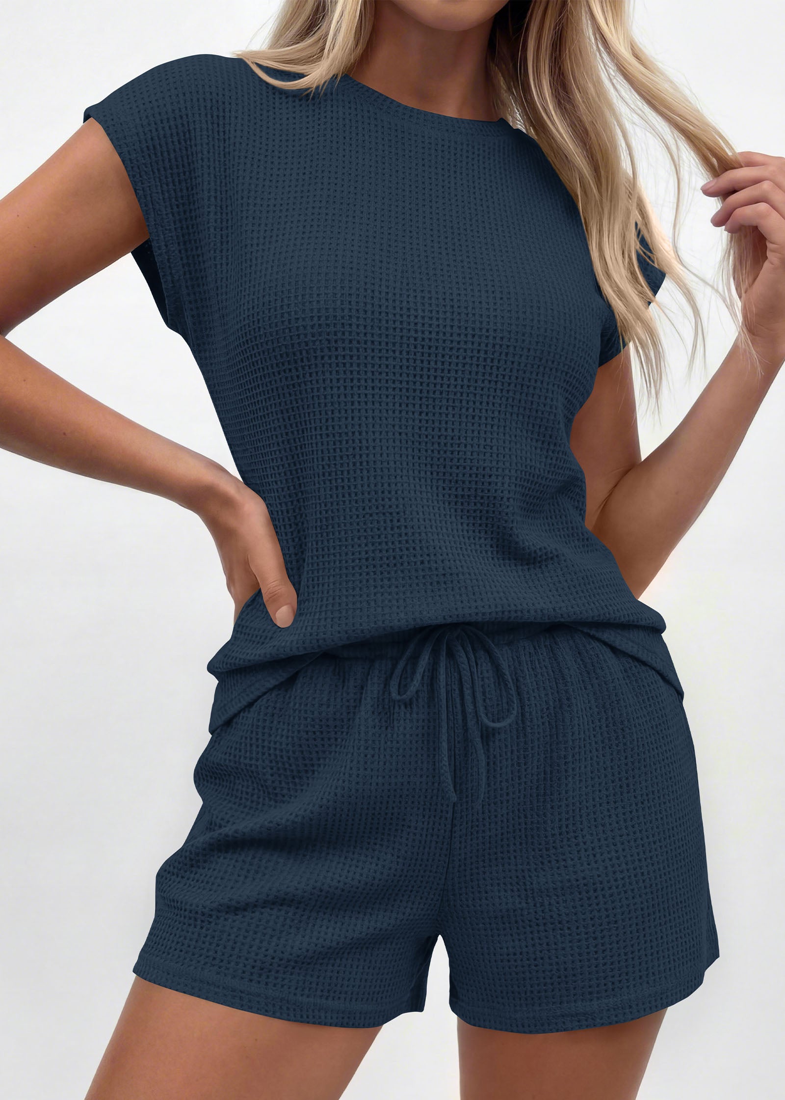 KIRUNDO 2 Piece Sets For Women 2026 Summer Waffle Knit Cap Sleeve Lounge Set Casual Travel Vacation Outfits With Shorts