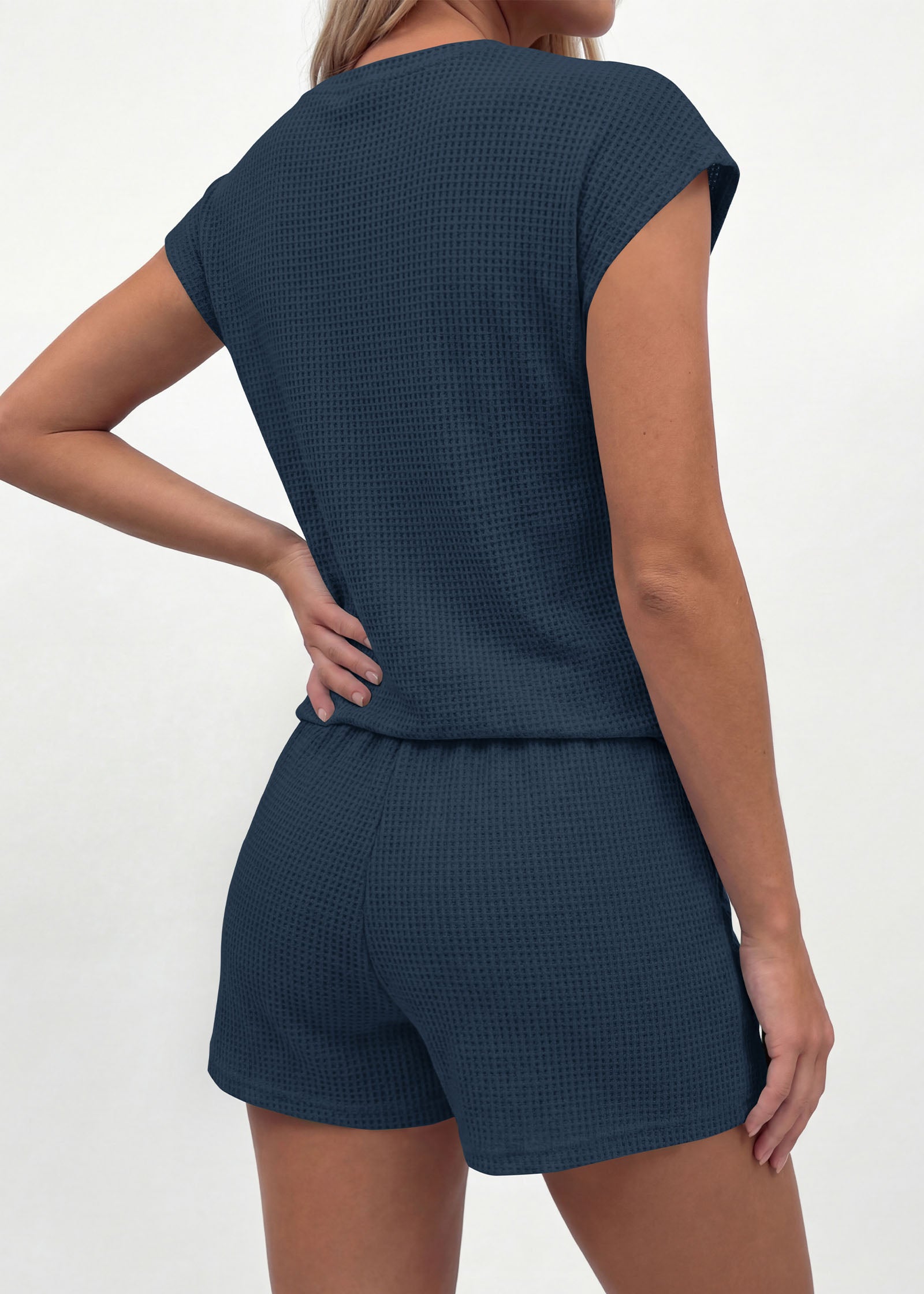 KIRUNDO 2 Piece Sets For Women 2026 Summer Waffle Knit Cap Sleeve Lounge Set Casual Travel Vacation Outfits With Shorts