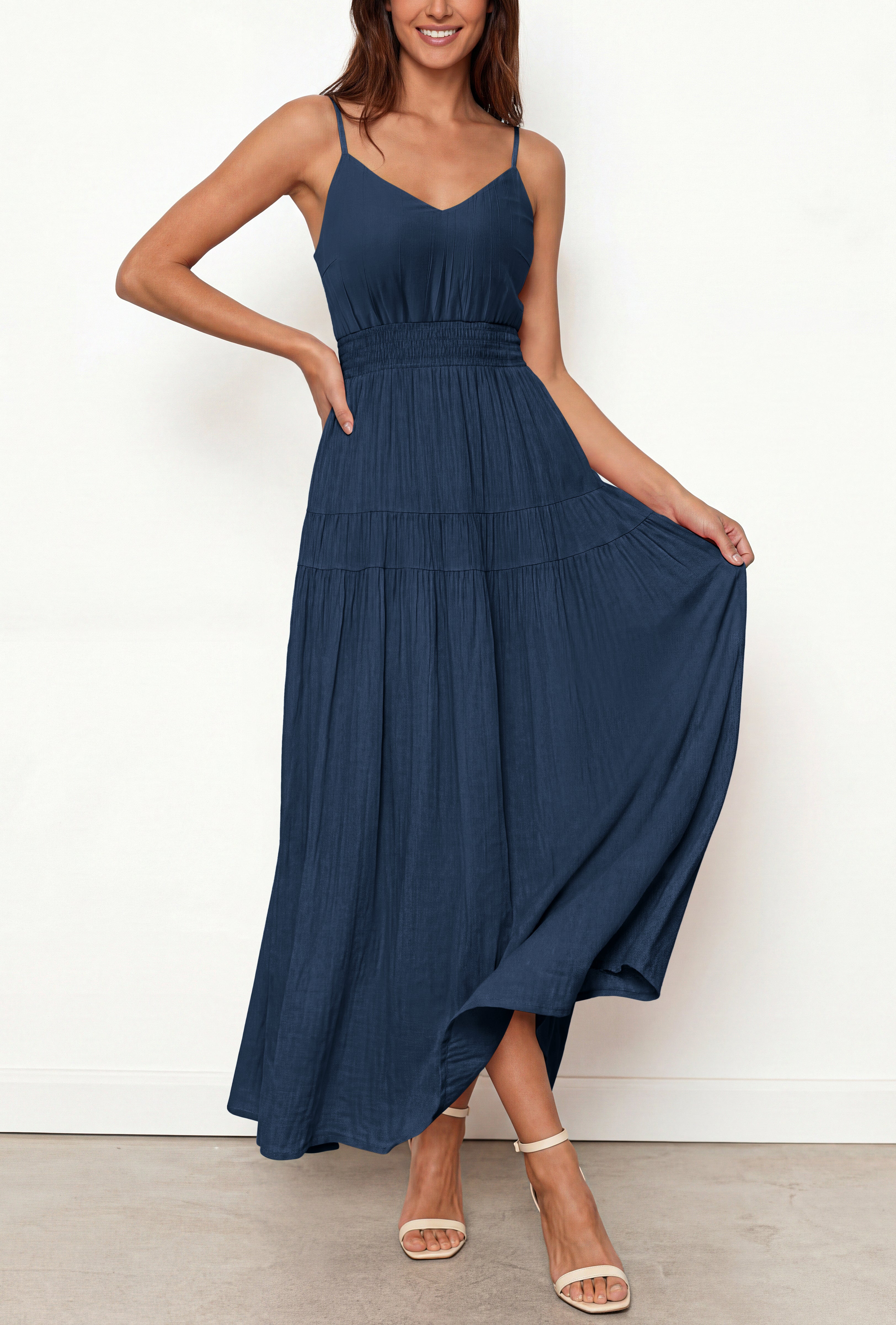 KIRUNDO Summer Dresses for Women Spaghetti Strap Sleeveless High Waist Flowy Boho Maxi Dress Beach Vacation Long Sundress