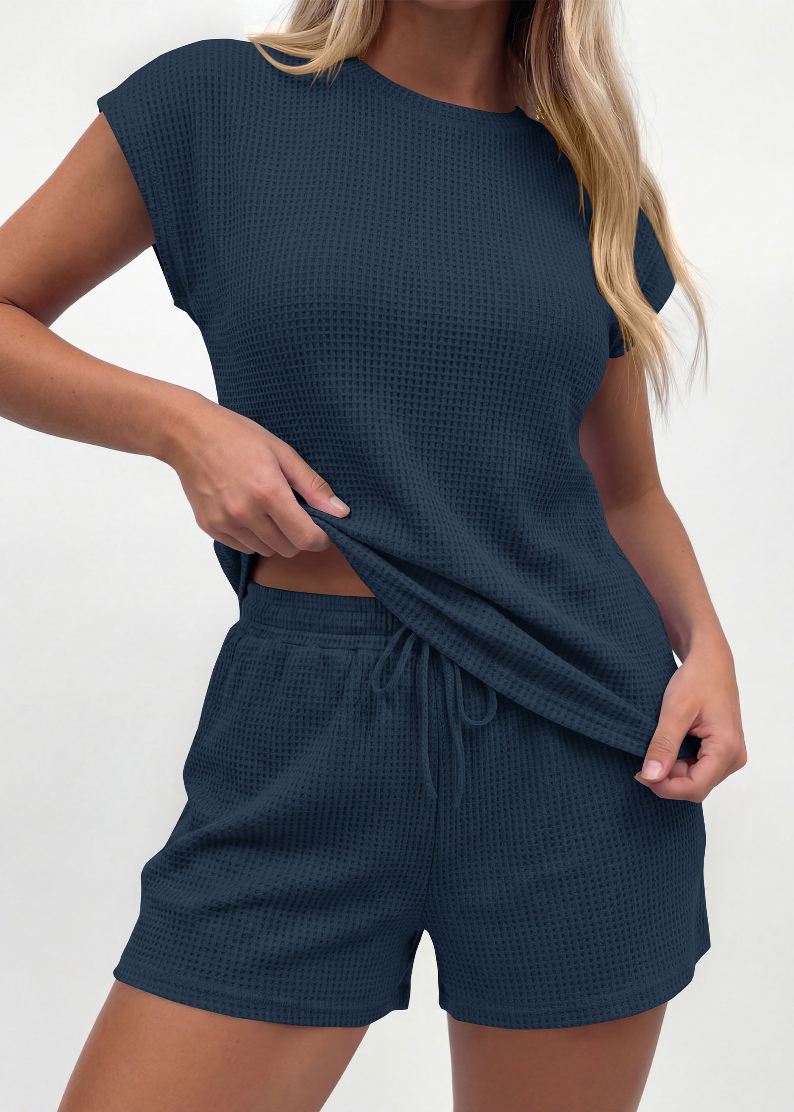 KIRUNDO 2 Piece Sets For Women 2026 Summer Waffle Knit Cap Sleeve Lounge Set Casual Travel Vacation Outfits With Shorts