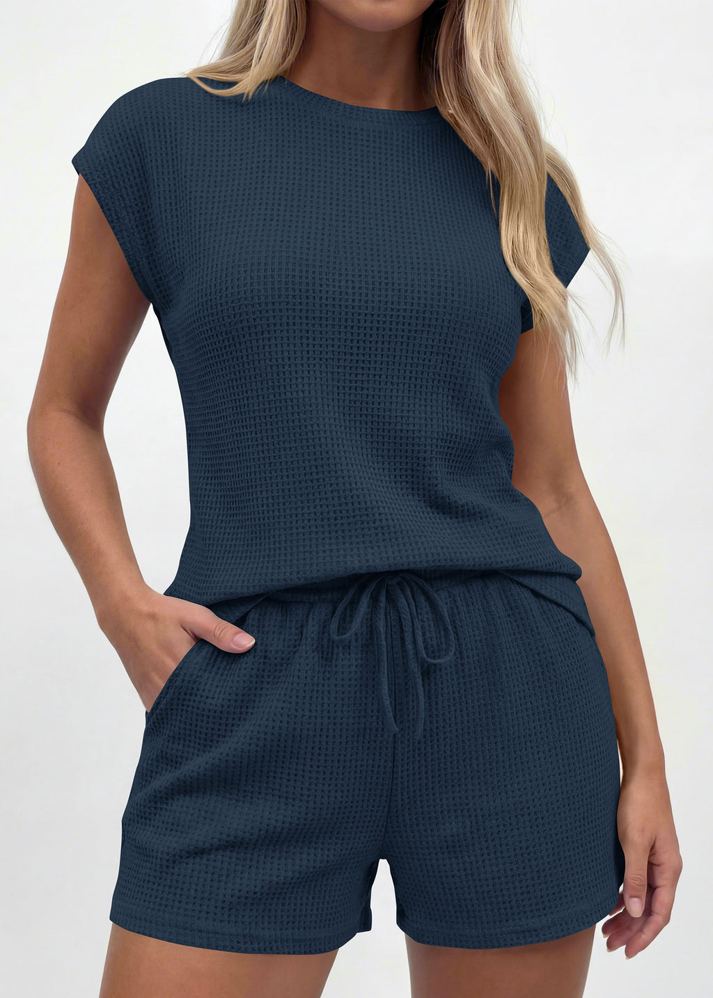 KIRUNDO 2 Piece Sets For Women 2026 Summer Waffle Knit Cap Sleeve Lounge Set Casual Travel Vacation Outfits With Shorts