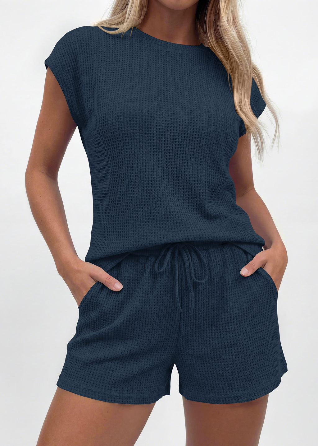 KIRUNDO 2 Piece Sets For Women 2026 Summer Waffle Knit Cap Sleeve Lounge Set Casual Travel Vacation Outfits With Shorts