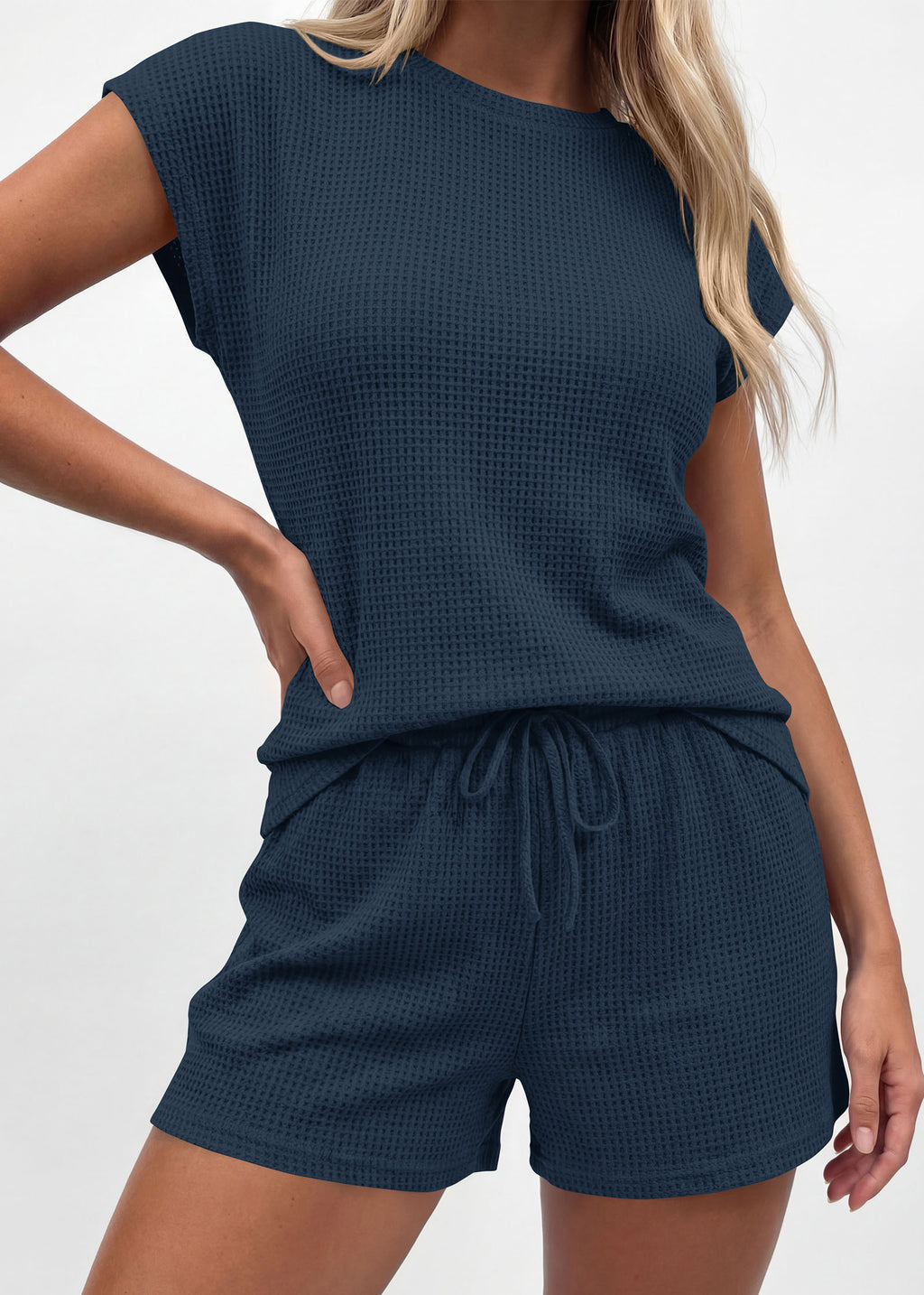 KIRUNDO 2 Piece Sets For Women 2026 Summer Waffle Knit Cap Sleeve Lounge Set Casual Travel Vacation Outfits With Shorts