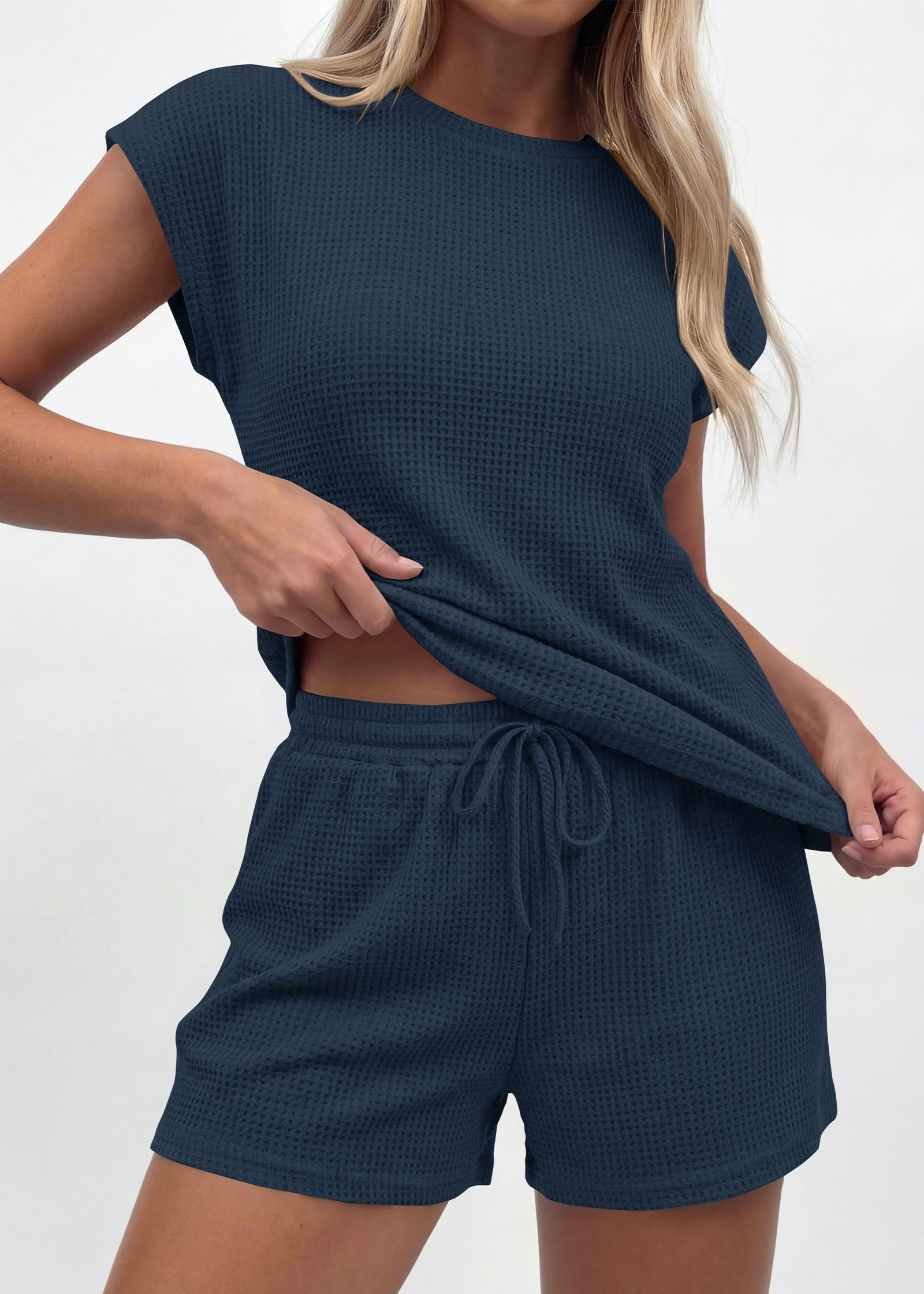 KIRUNDO 2 Piece Sets For Women 2026 Summer Waffle Knit Cap Sleeve Lounge Set Casual Travel Vacation Outfits With Shorts