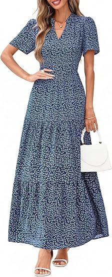 KIRUNDO Women’s Summer Dresses Casual V Neck Short Sleeve Floral Long Flowy A Line Boho Maxi Dress for Beach Vacation Wedding