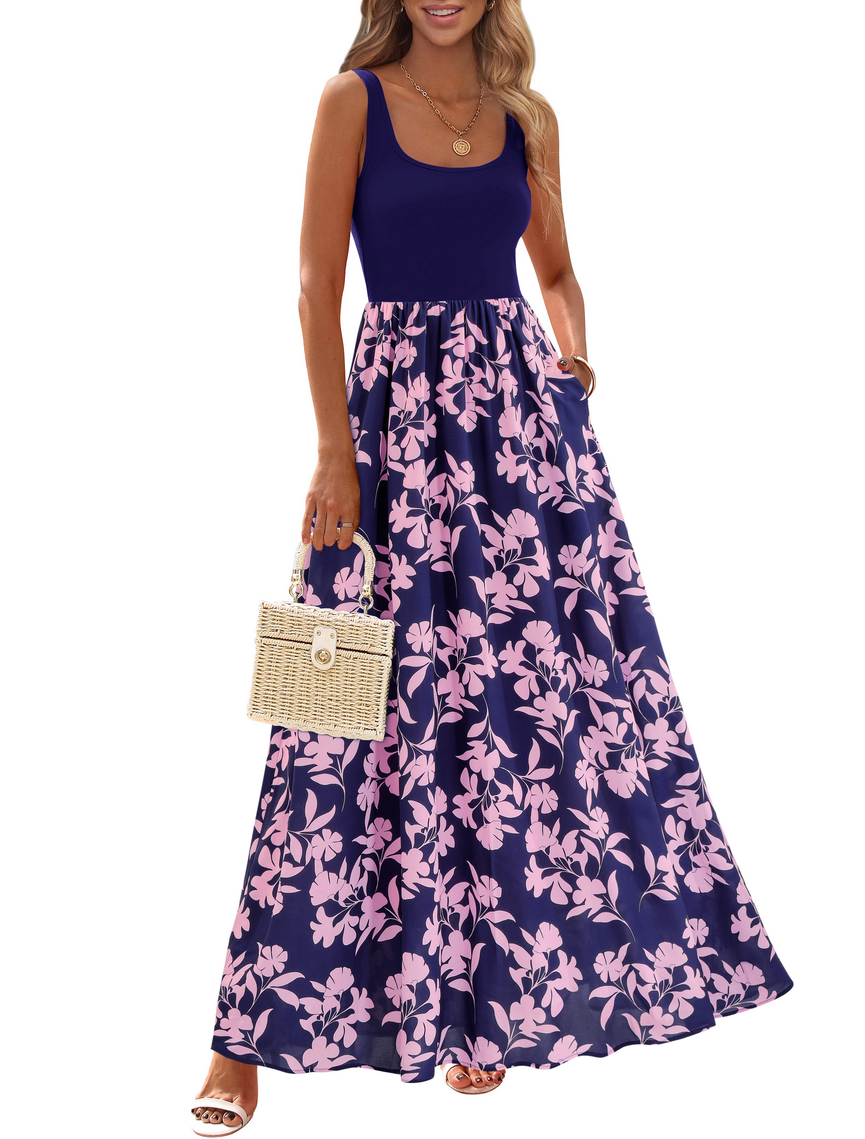 KIRUNDO Women Summer Sleeveless Boho Floral Maxi Dress 2026 Scoop Neck Tank A Line Flowy Beach Vacation Resort Wear Sundress