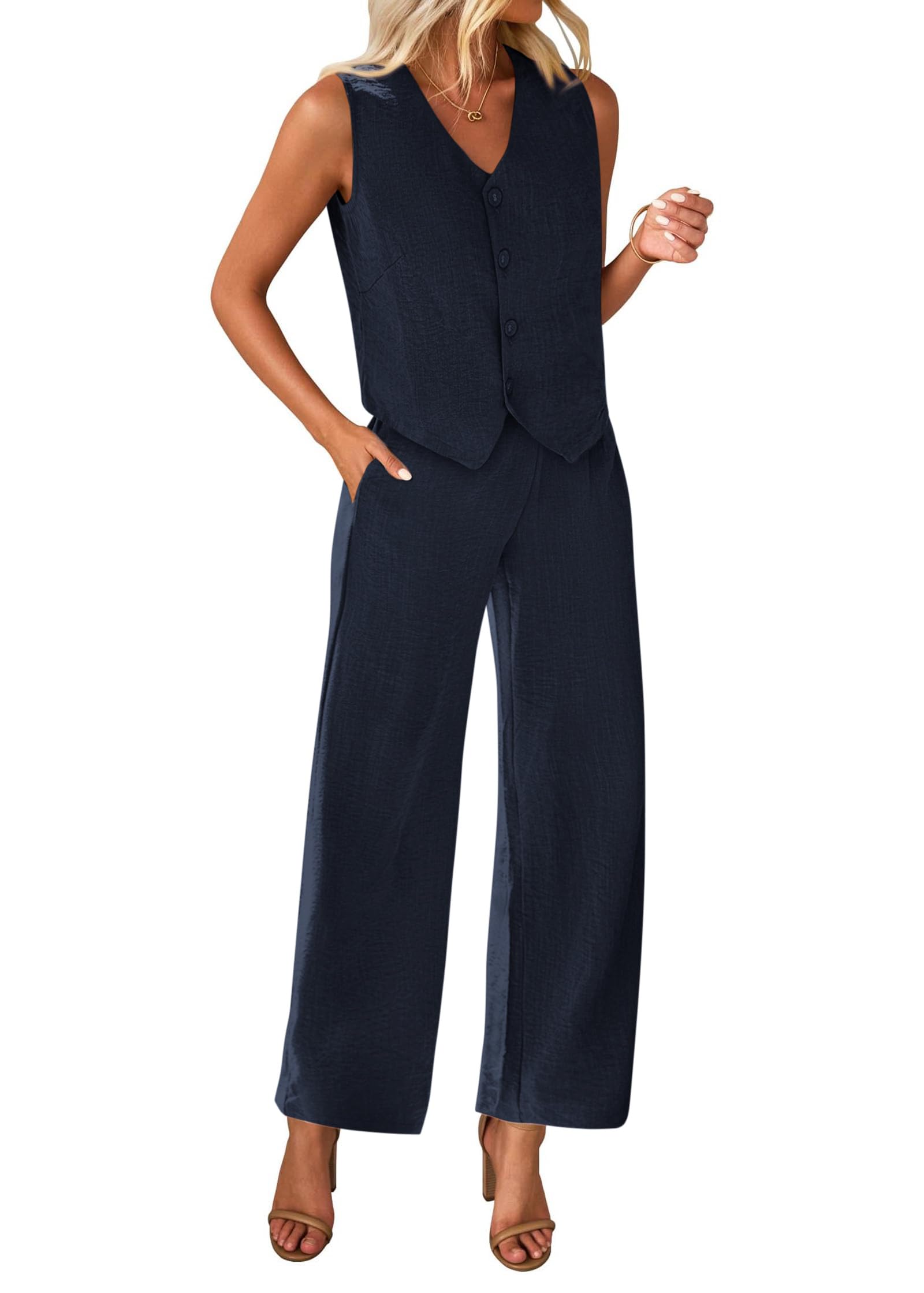 KIRUNDO Womens Two Piece Outfits Summer Fashion Button V Neck Crop Vest Blazer and Wide Leg Pants Suit Matching Sets