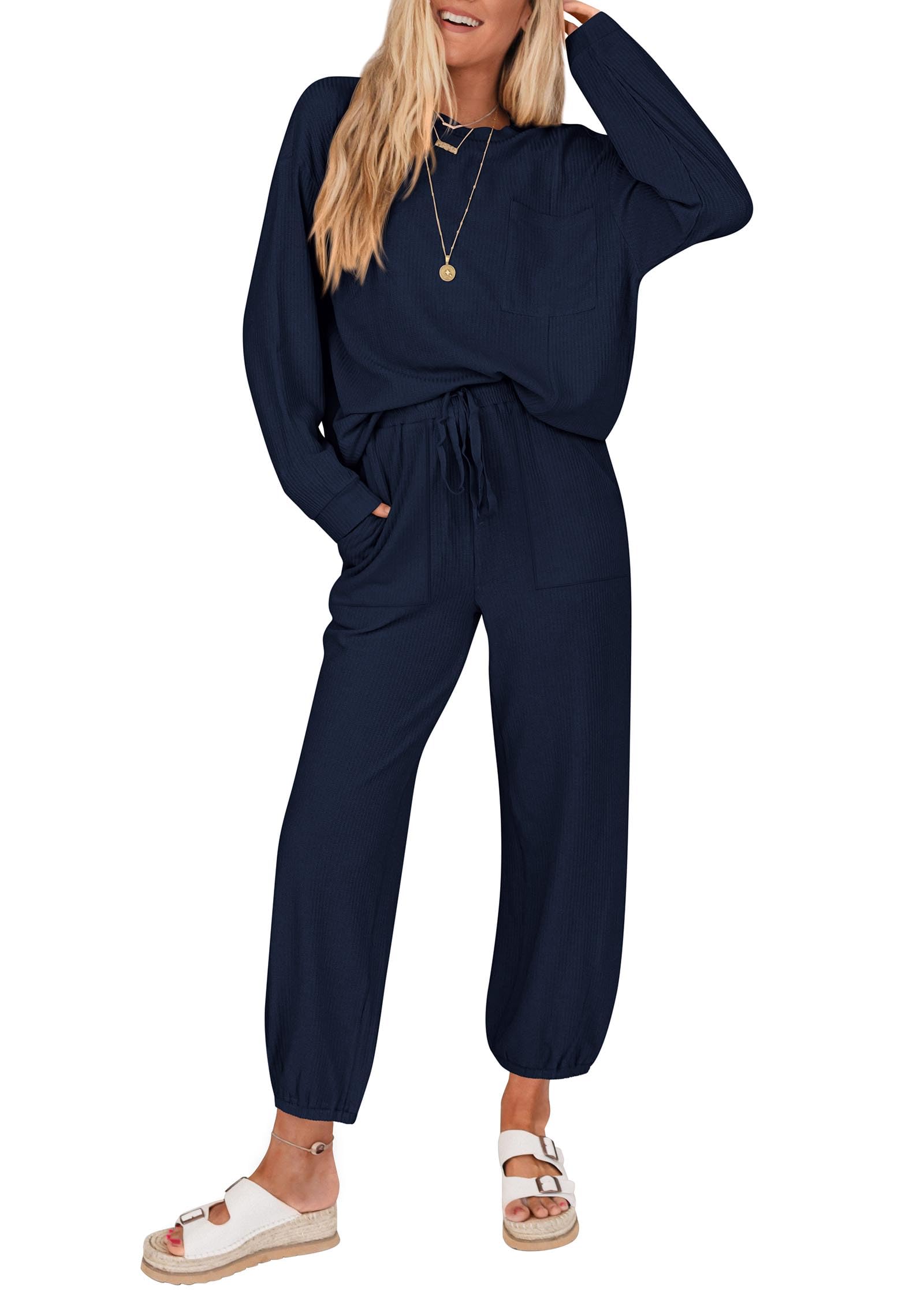 KIRUNDO Lounge Sets for Women 2026 Spring Airport Travel Outfits Ribbed Knit Tops Jogger Pants Tracksuit Postpartum Comfy Set