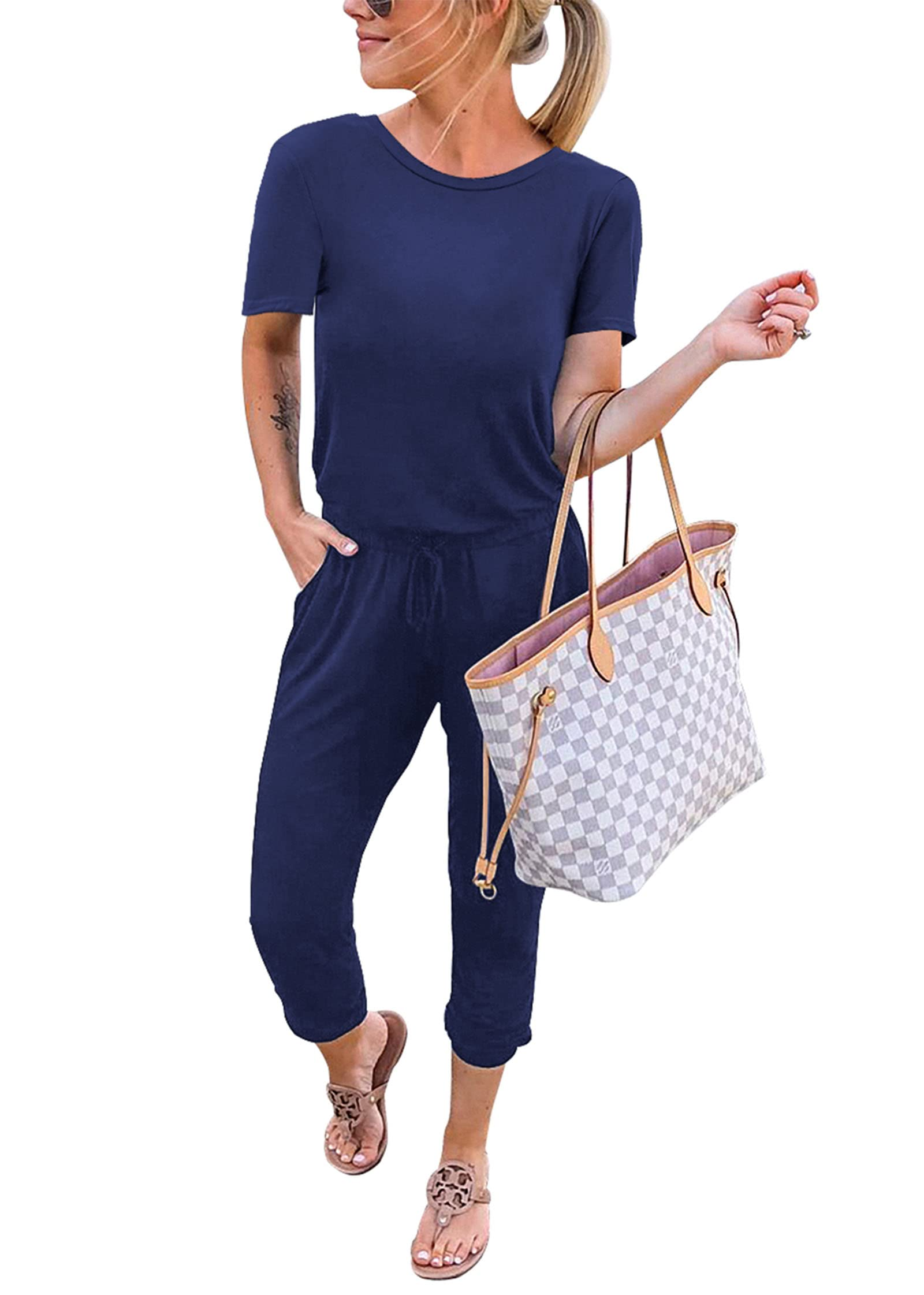 KIRUNDO Jumpsuits for Women Summer 2026 Casual Short Sleeve One Piece Outfits Drawstring Waist Long Pants Romper Jumpers
