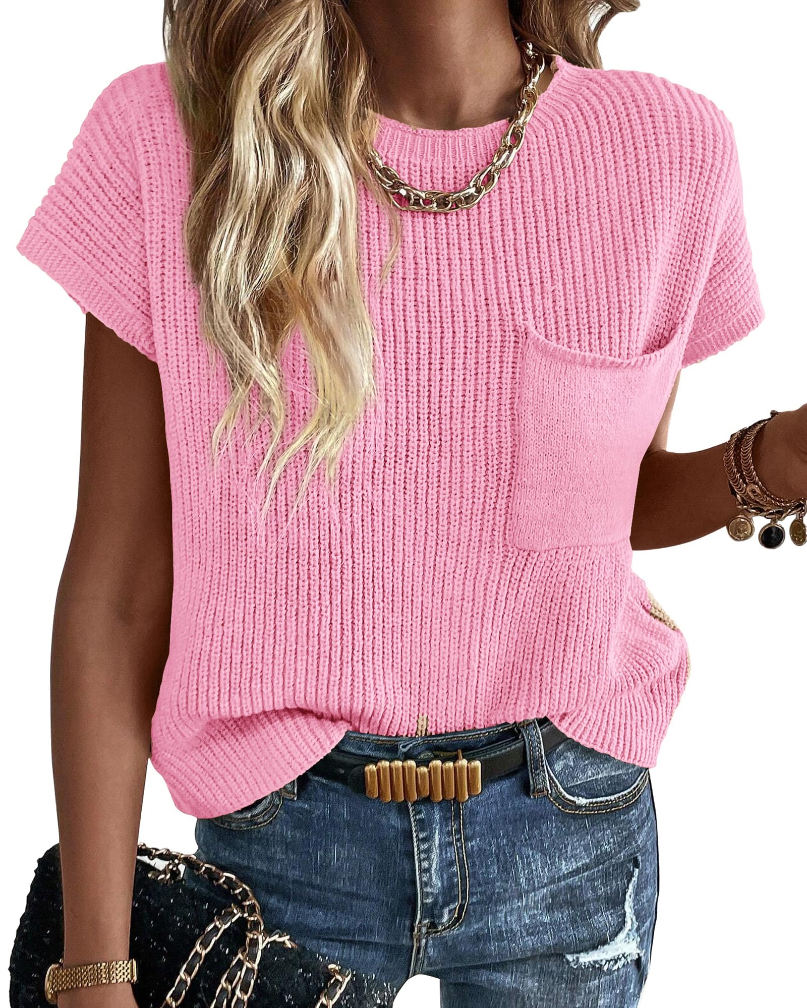 KIRUNDO Spring Summer Short Sleeve Sweater for Women 2026 Casual Sweater Vest Cotton Knit Pullover Tank Tops Fashion Clothing