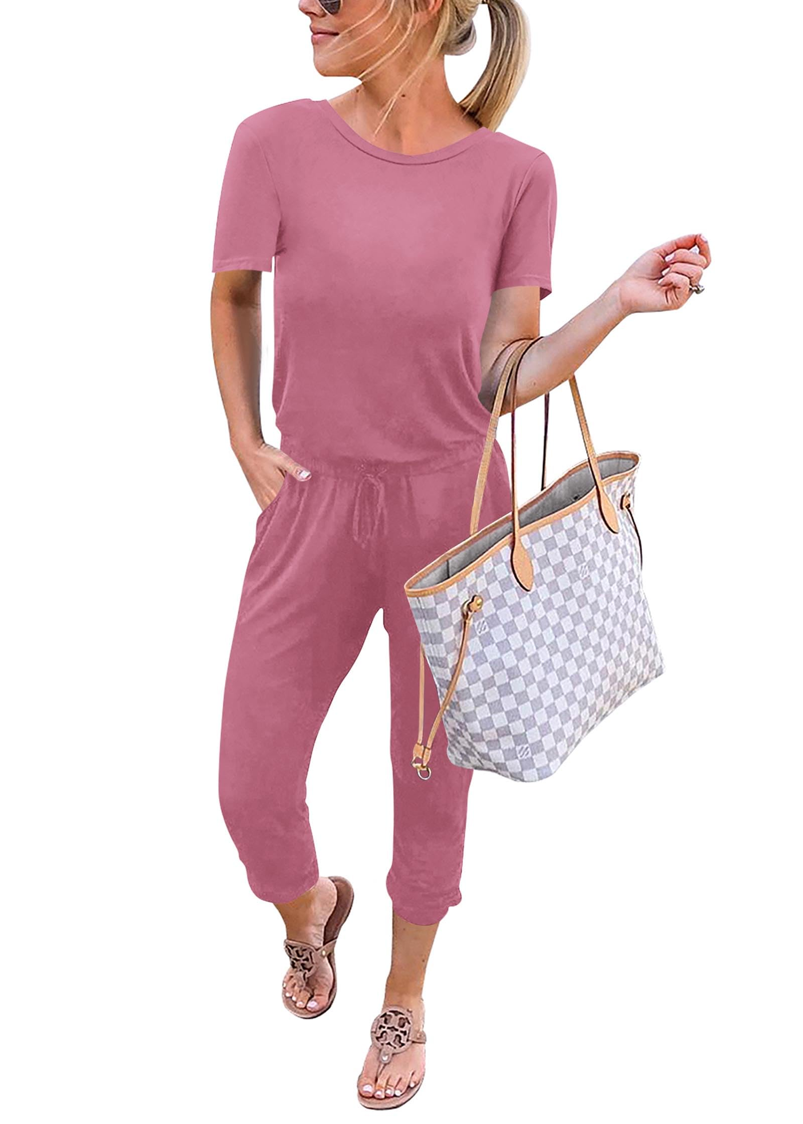 KIRUNDO Jumpsuits for Women Summer 2026 Casual Short Sleeve One Piece Outfits Drawstring Waist Long Pants Romper Jumpers
