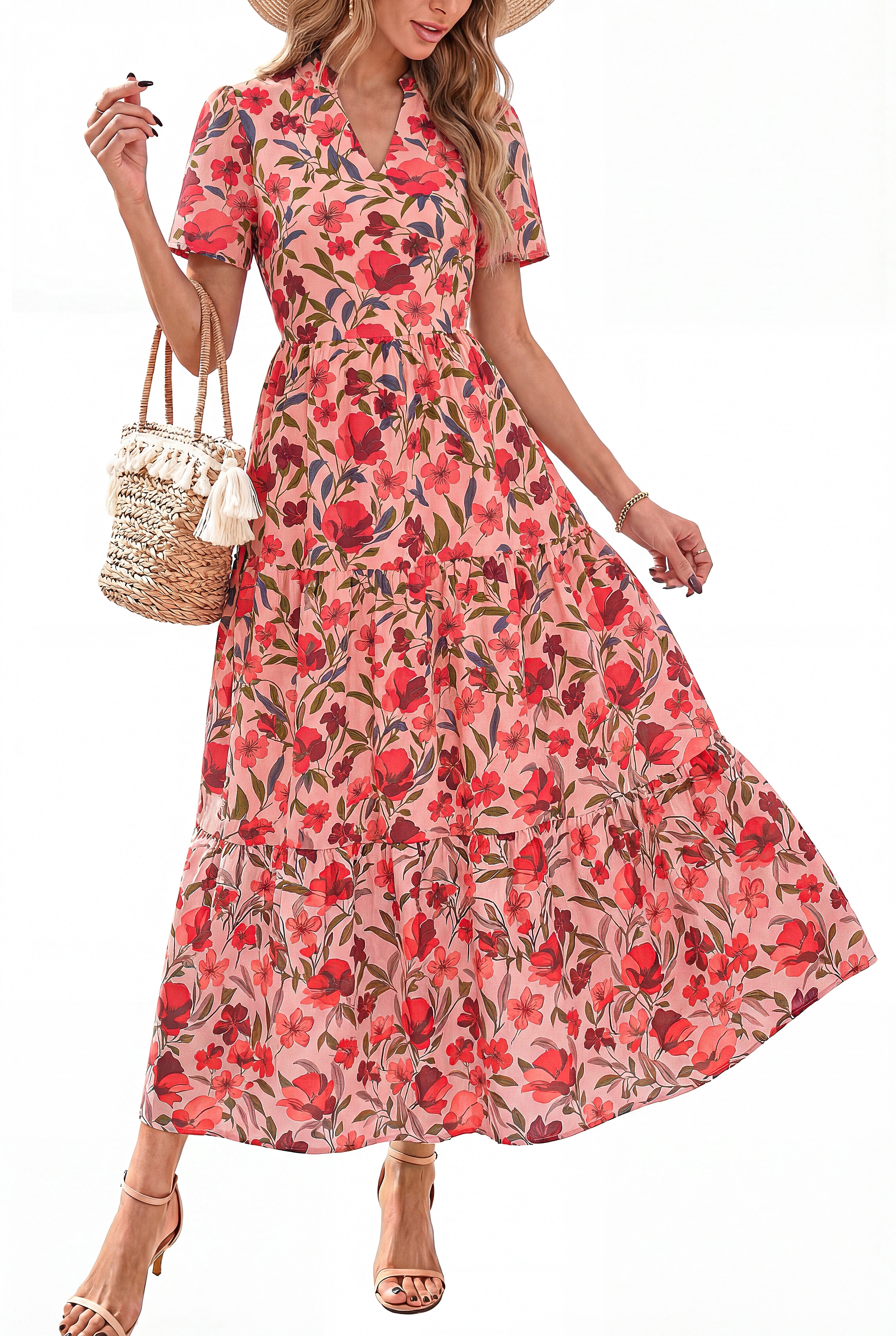 KIRUNDO Women’s Summer Dresses Casual V Neck Short Sleeve Floral Long Flowy A Line Boho Maxi Dress for Beach Vacation Wedding
