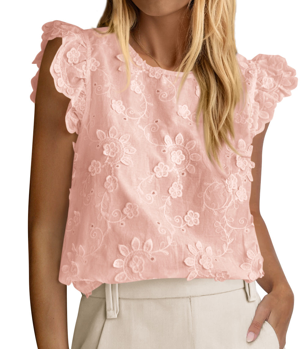 KIRUNDO Summer Tops For Women 2026 Ruffle Cap Sleeve Lace Embroidered Floral Boho Shirts Dressy Casual Blouses Cruise Outfits