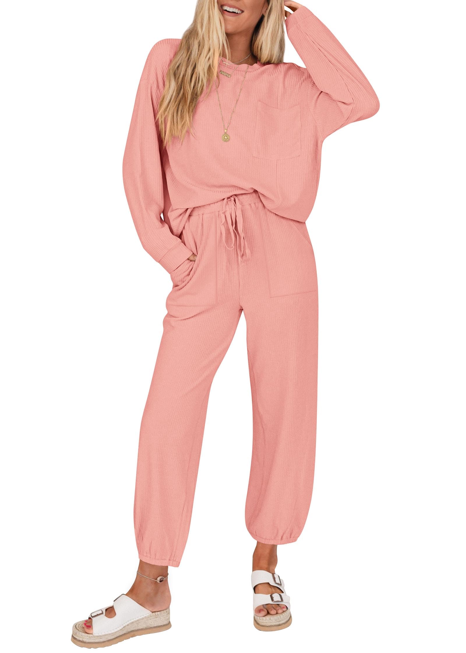 KIRUNDO Lounge Sets for Women 2026 Spring Airport Travel Outfits Ribbed Knit Tops Jogger Pants Tracksuit Postpartum Comfy Set