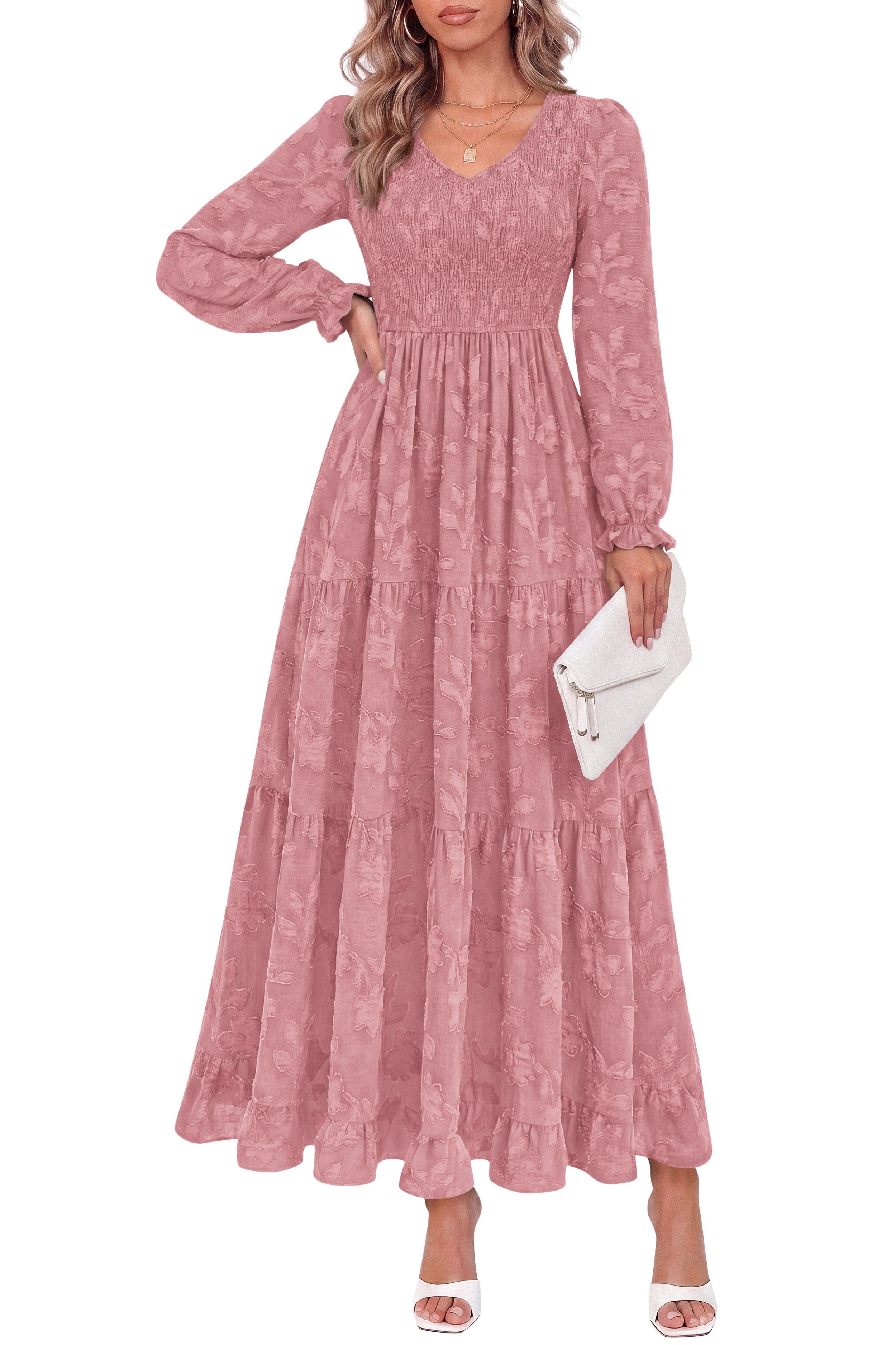 KIRUNDO Fall Dresses For Women 2026 Long Sleeve V Neck Floral Boho Flowy Smocked Casual Wedding Guest Maxi Dress With Pockets