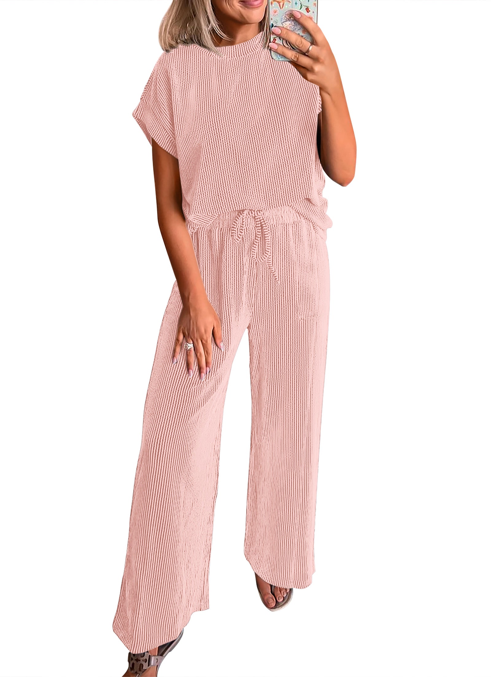 KIRUNDO 2 Piece Sets for Women Dressy Casual Ribbed Knit Short Sleeve Tops Wide Leg Pants Lounge Set Travel Airport Outfits