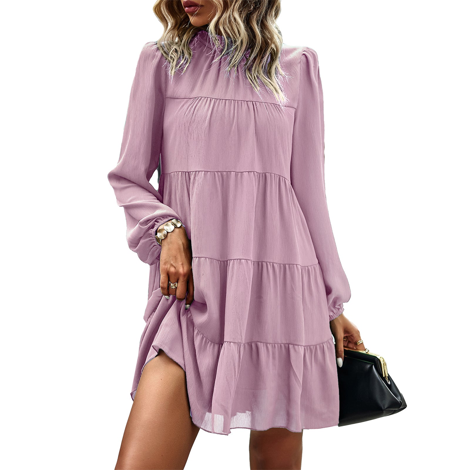 KIRUNDO Long Sleeve Baby Doll Dresses Women 2026 Casual Spring Summer Ruffle Mock Neck Tiered Mini Flowy Swing Shift Dress