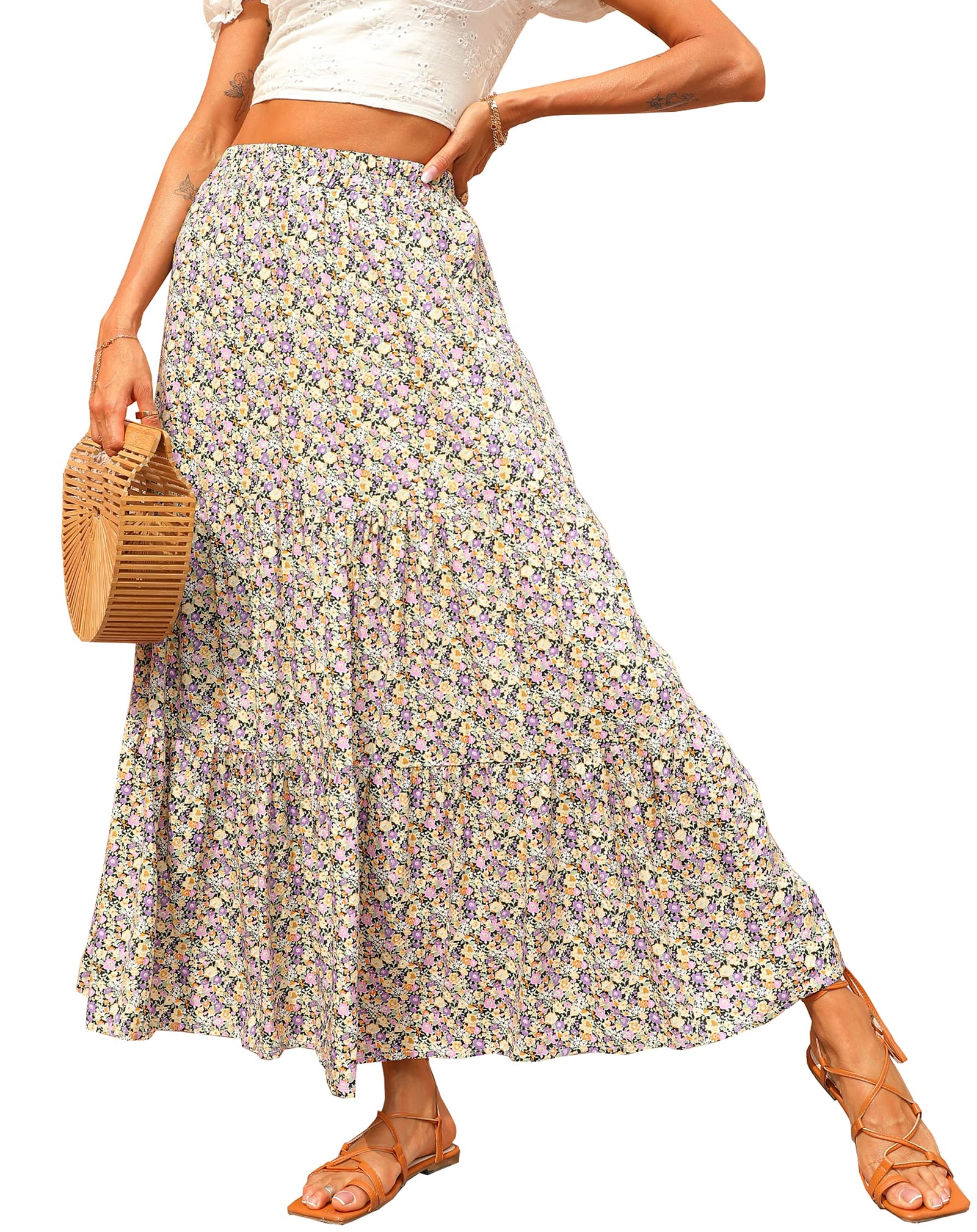 KIRUNDO Women 2026 Spring Summer High Waist Boho Floral Maxi Skirt Trendy Casual Flowy Swing Pleated A Line Beach Long Skirts
