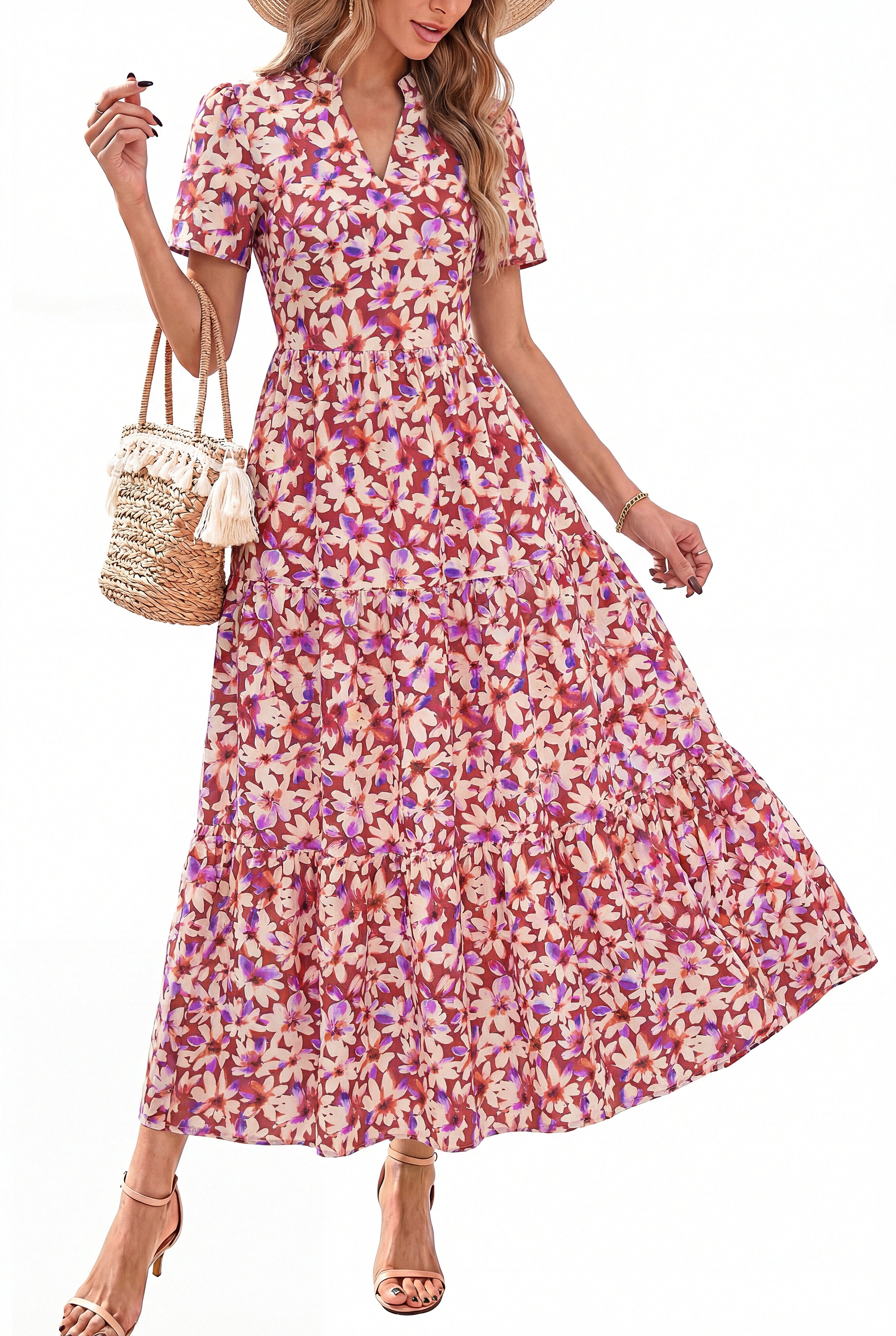 KIRUNDO Women’s Summer Dresses Casual V Neck Short Sleeve Floral Long Flowy A Line Boho Maxi Dress for Beach Vacation Wedding