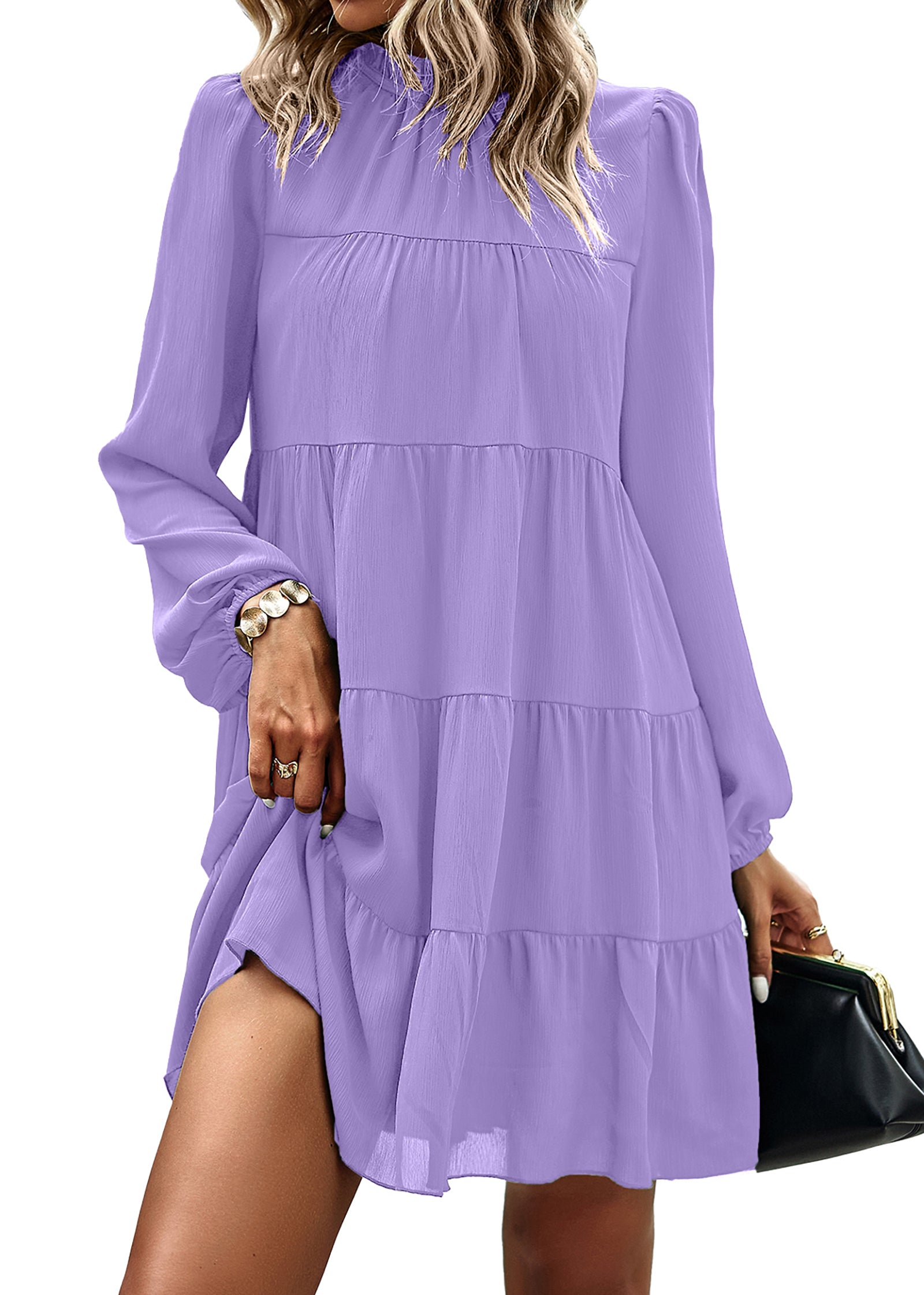 KIRUNDO Long Sleeve Baby Doll Dresses Women 2026 Casual Spring Summer Ruffle Mock Neck Tiered Mini Flowy Swing Shift Dress