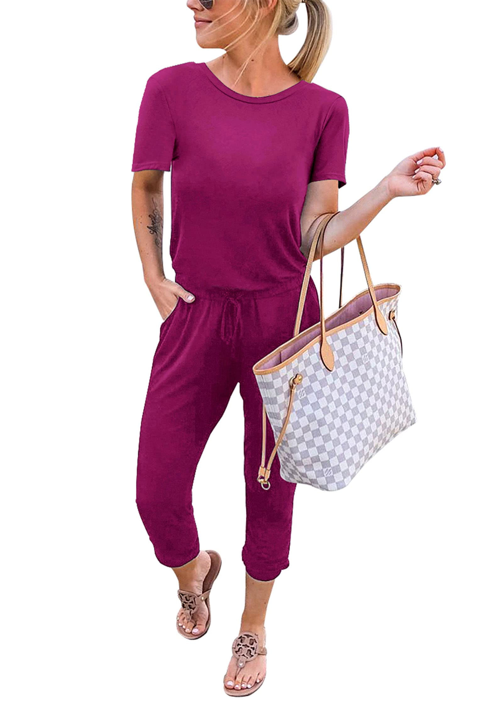 KIRUNDO Jumpsuits for Women Summer 2026 Casual Short Sleeve One Piece Outfits Drawstring Waist Long Pants Romper Jumpers