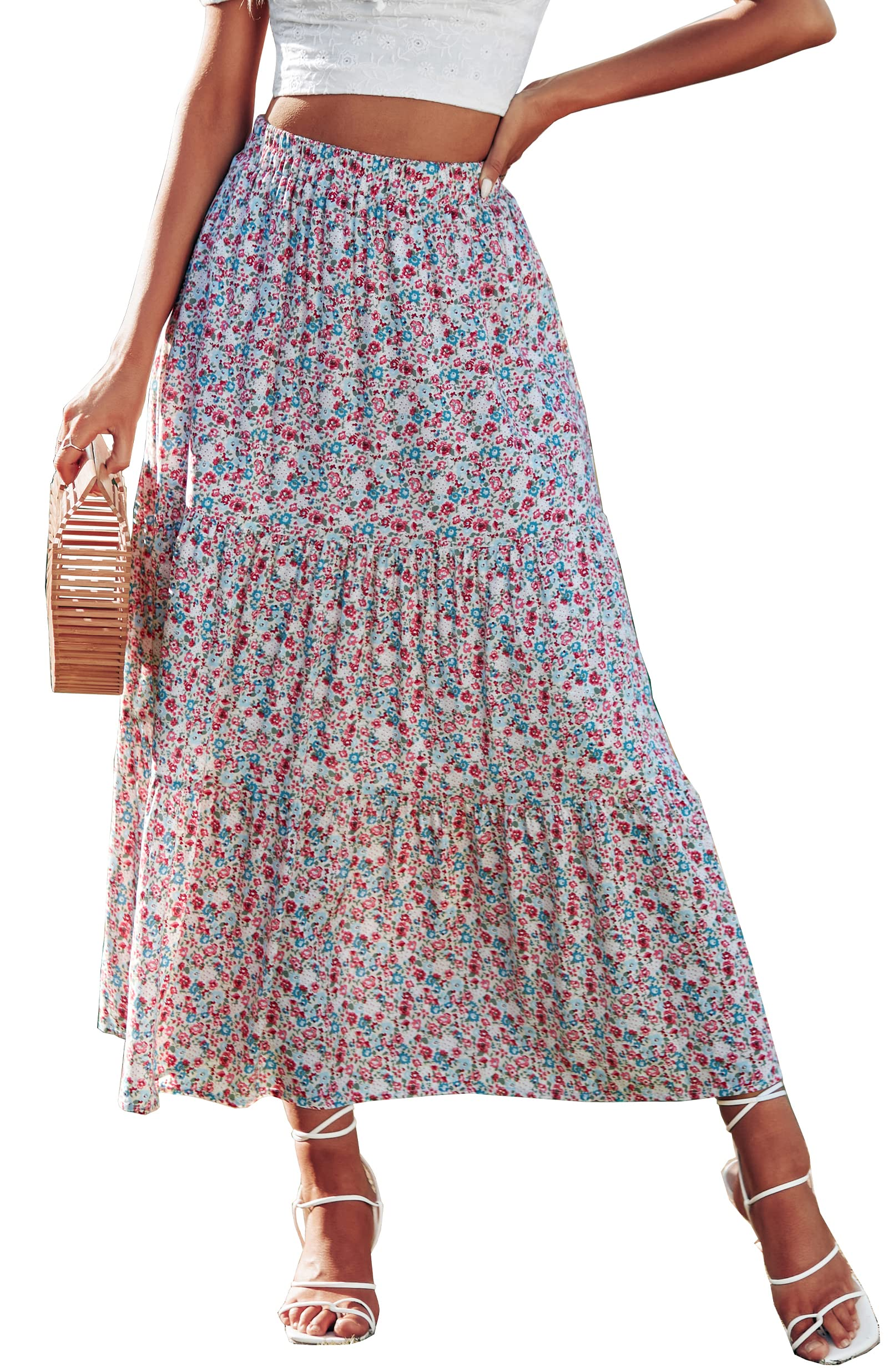 KIRUNDO Women 2026 Spring Summer High Waist Boho Floral Maxi Skirt Trendy Casual Flowy Swing Pleated A Line Beach Long Skirts