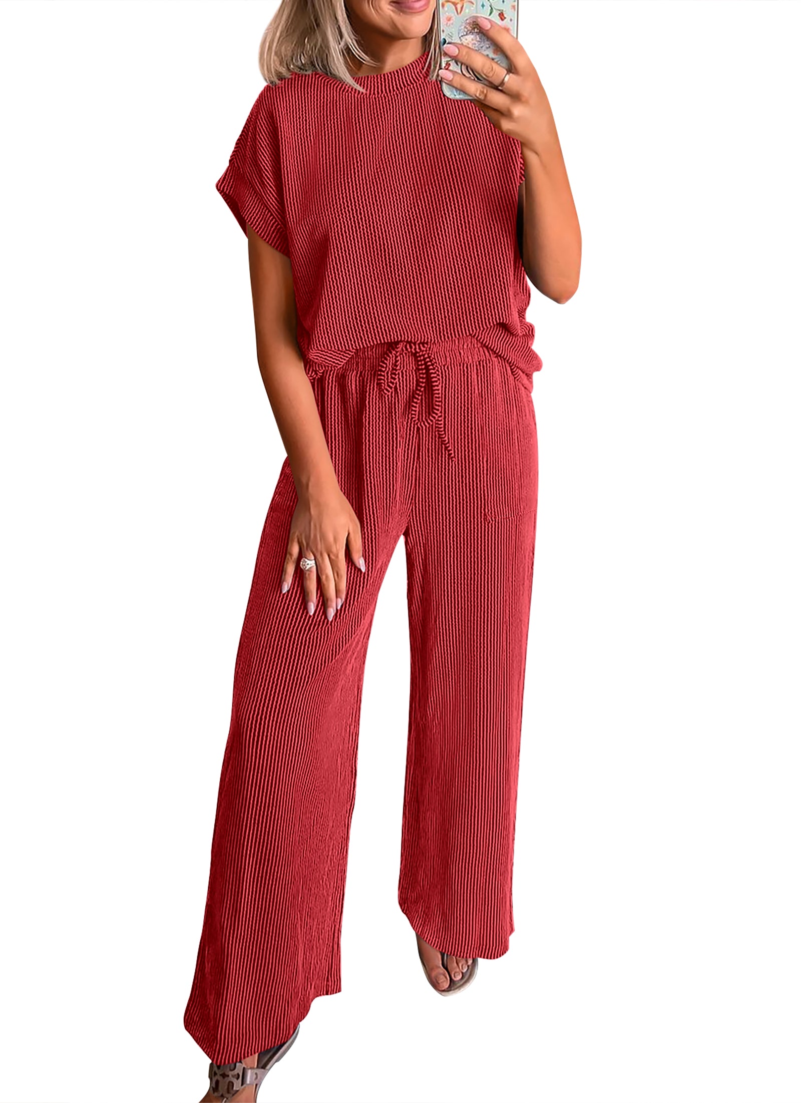 KIRUNDO 2 Piece Sets for Women Dressy Casual Ribbed Knit Short Sleeve Tops Wide Leg Pants Lounge Set Travel Airport Outfits