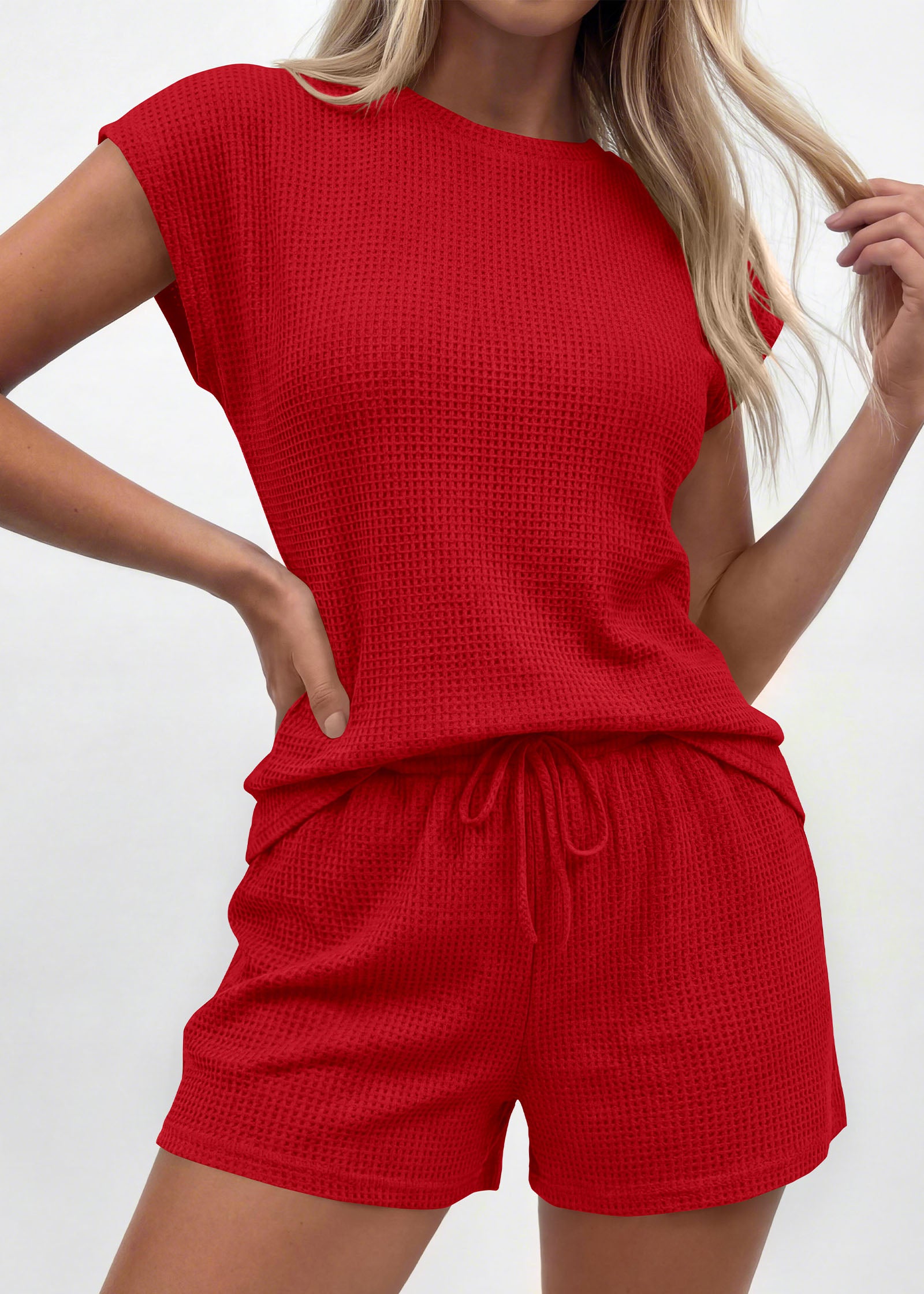 KIRUNDO 2 Piece Sets For Women 2026 Summer Waffle Knit Cap Sleeve Lounge Set Casual Travel Vacation Outfits With Shorts