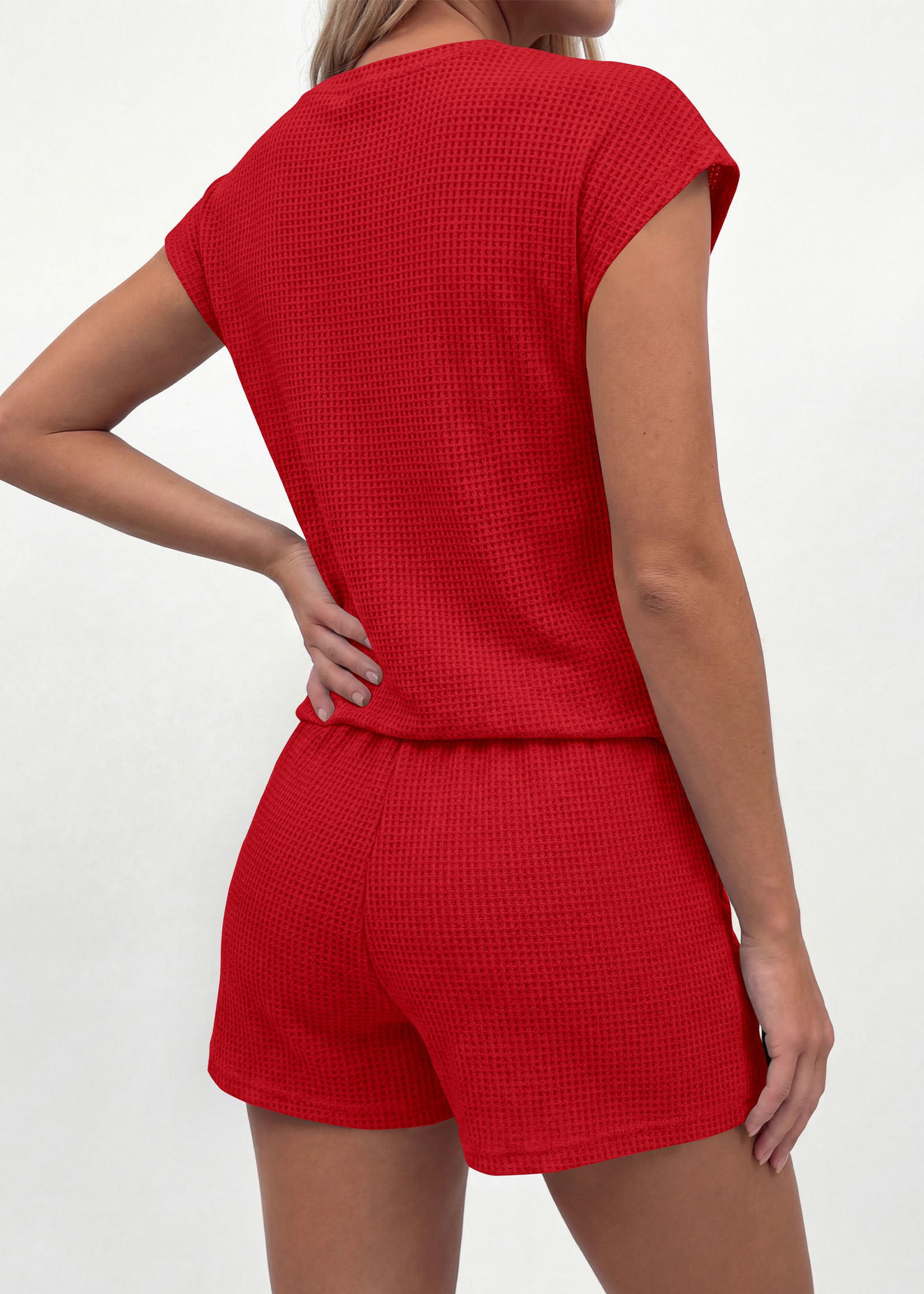 KIRUNDO 2 Piece Sets For Women 2026 Summer Waffle Knit Cap Sleeve Lounge Set Casual Travel Vacation Outfits With Shorts